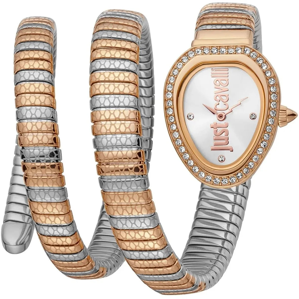 Just Cavalli Glam Chic women's watch with silver dial, rose gold bezel, crystal case, two-tone snake-pattern stainless steel wrap strap