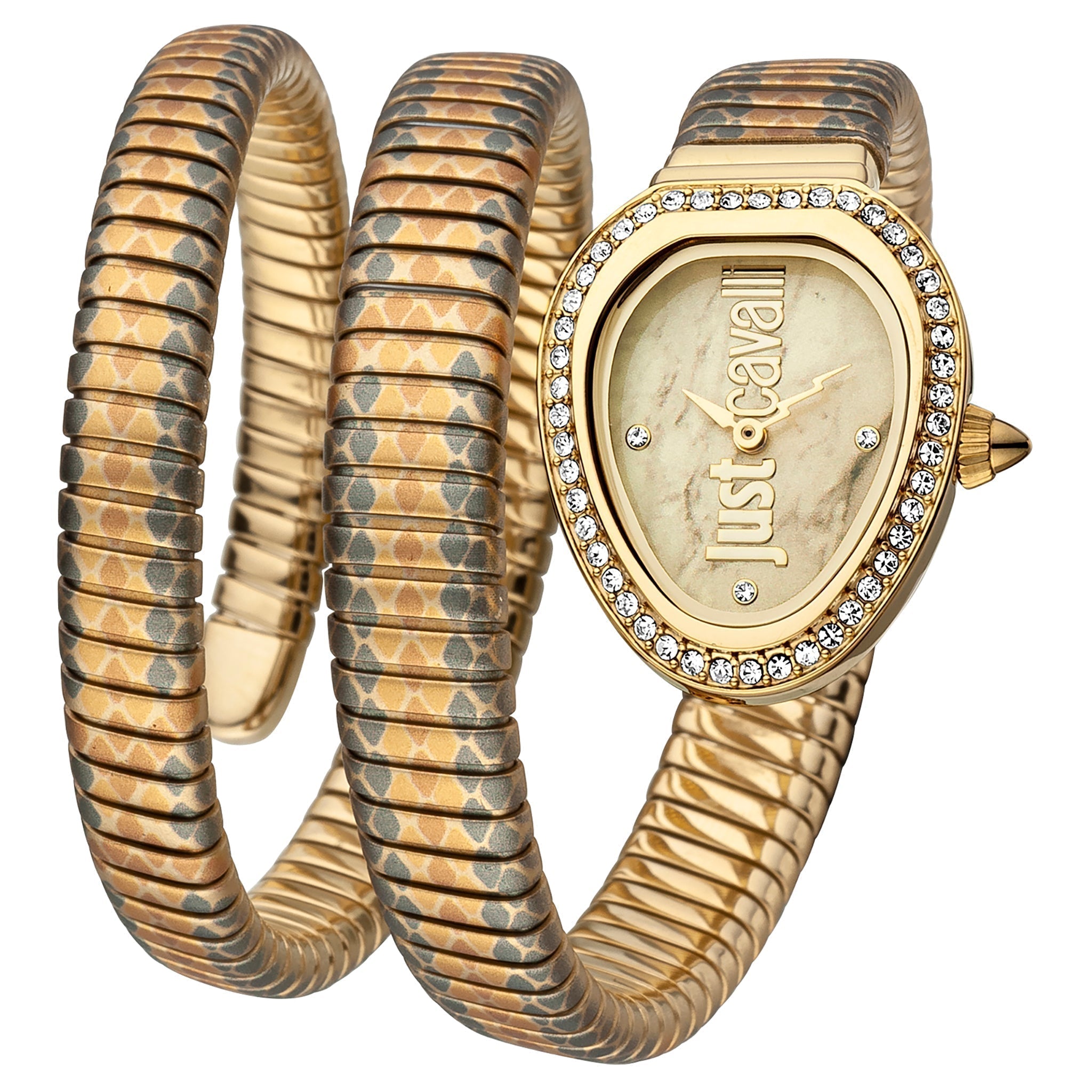 Just Cavalli Serpente Reale women's watch with oval dial, crystal bezel, and dual coil snake wrap strap in gold tone