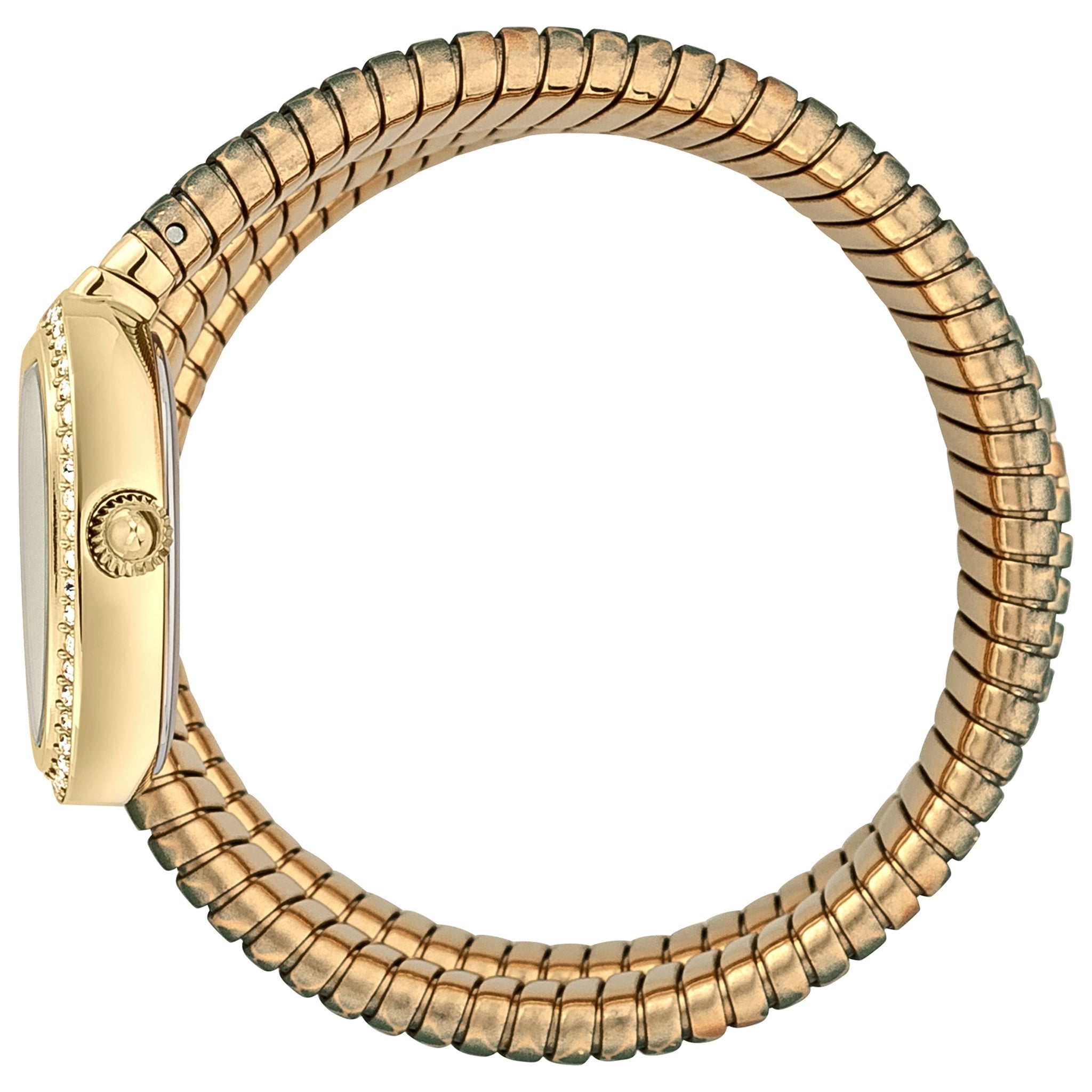 Side view of Just Cavalli Serpente Reale watch showing coiled snake strap design and crystal-studded case edge