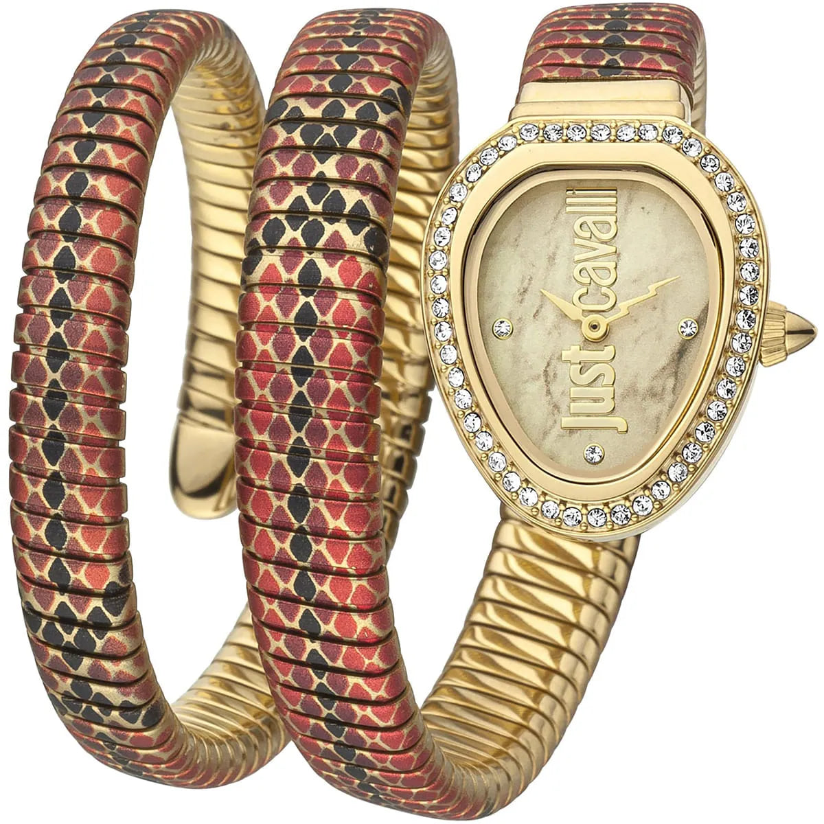 Just Cavalli gold women's watch with crystal-set oval dial and red, black, and gold triple-wrap snake-textured band