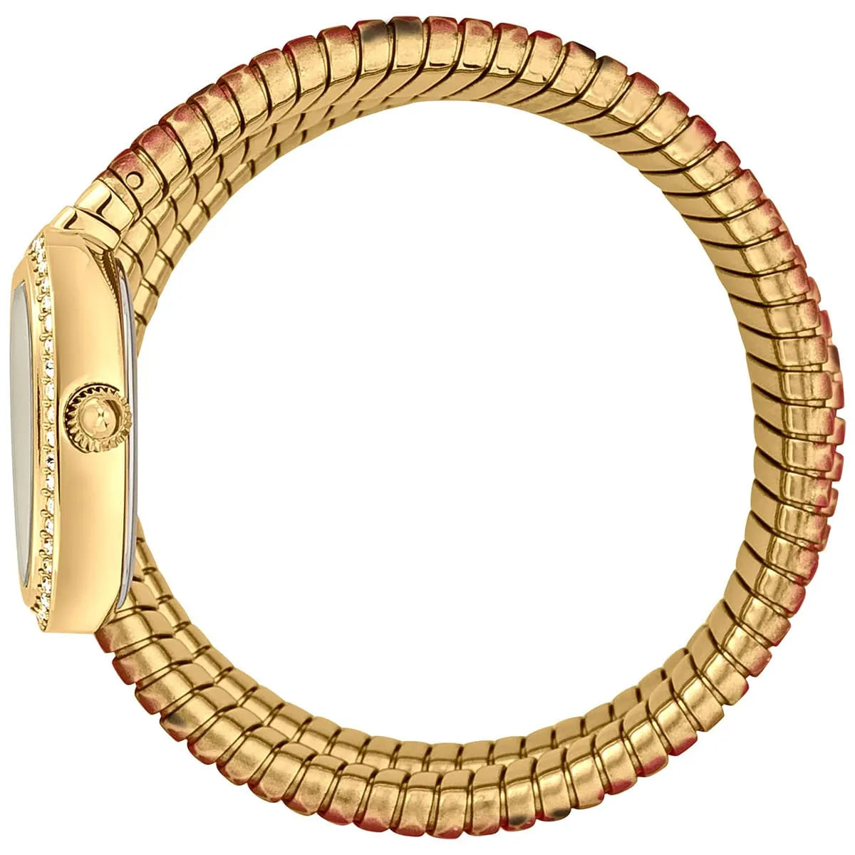 Just Cavalli watch strap laid flat, showing triple-wrap gold and red and black snake-textured stainless steel bands