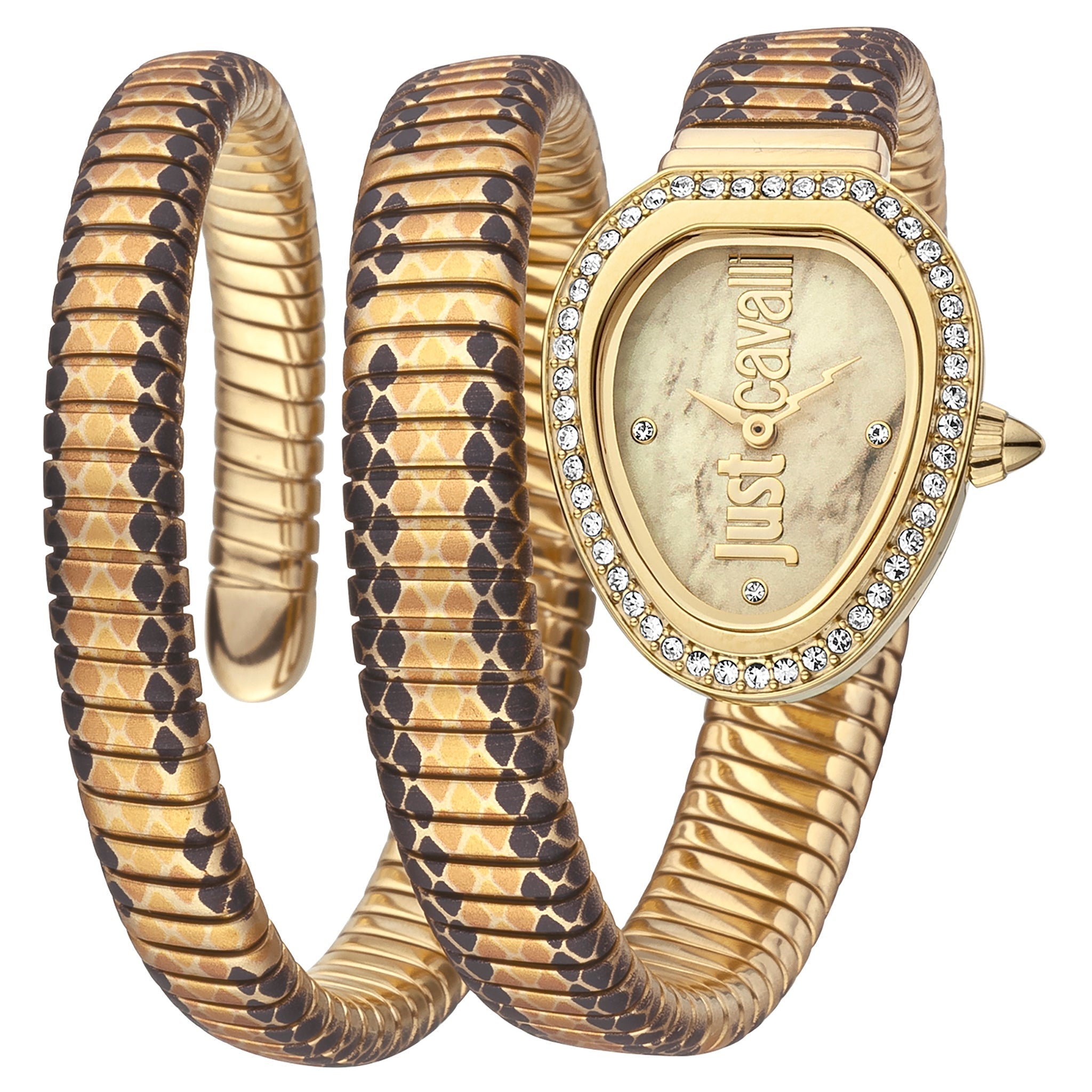 Just Cavalli Galm Chic gold-tone stainless steel watch with crystal-set oval dial and snake-coil bracelet