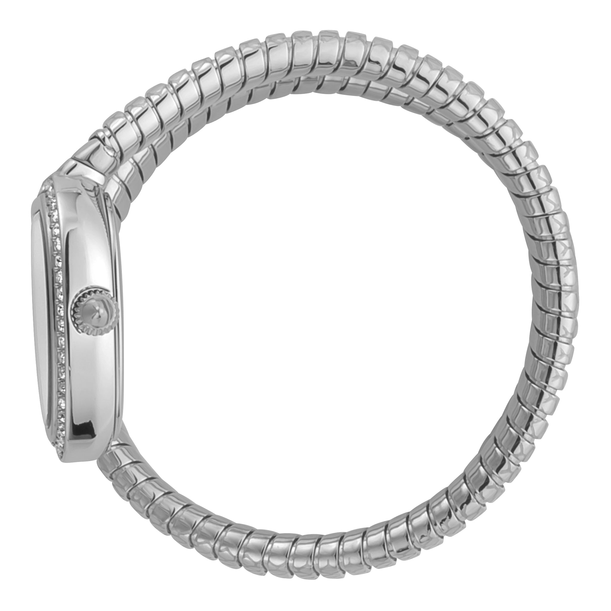 Side profile of Just Cavalli Solo watch showing spiral steel strap and case thickness