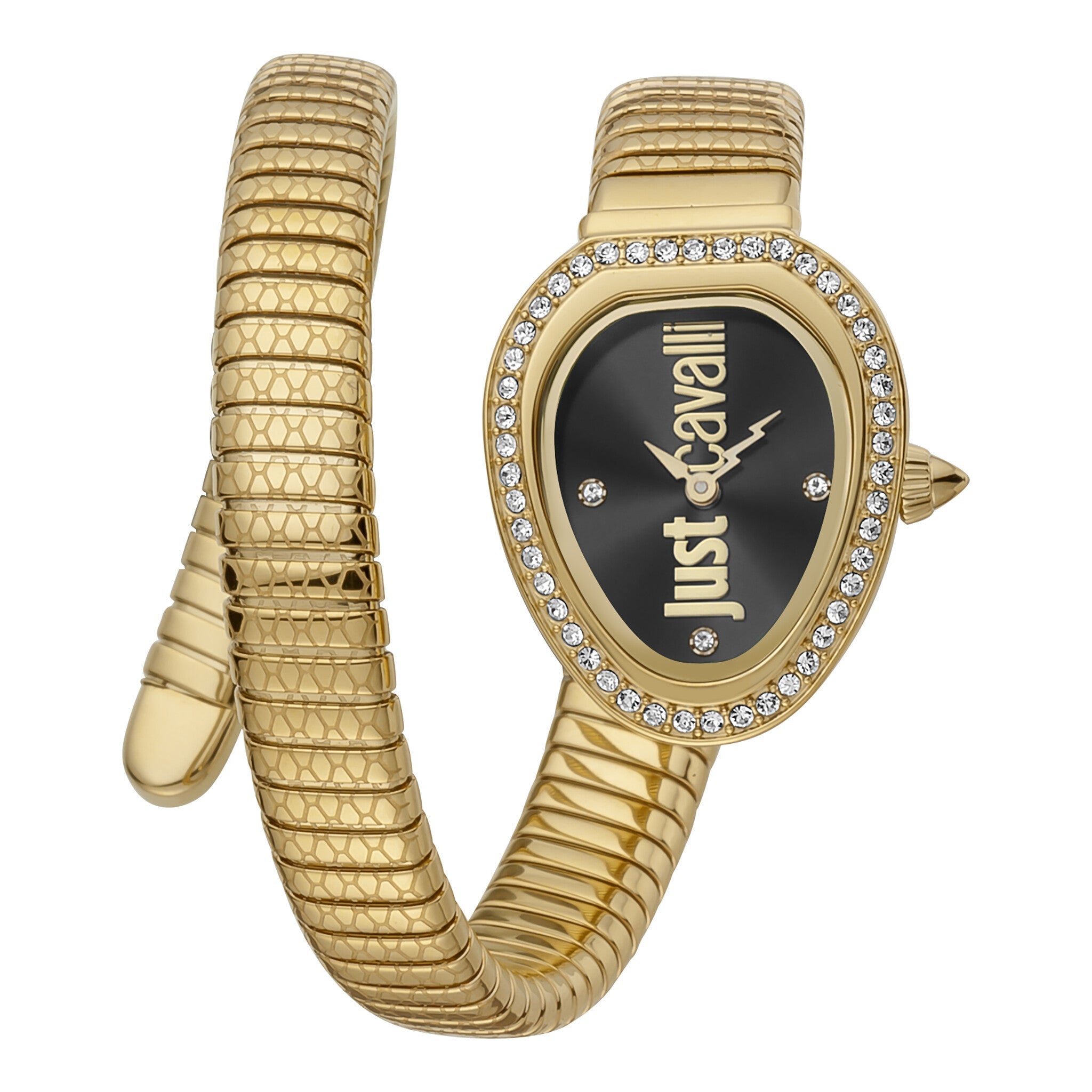 Just Cavalli gold stainless steel snake bracelet watch with black dial and crystal bezel