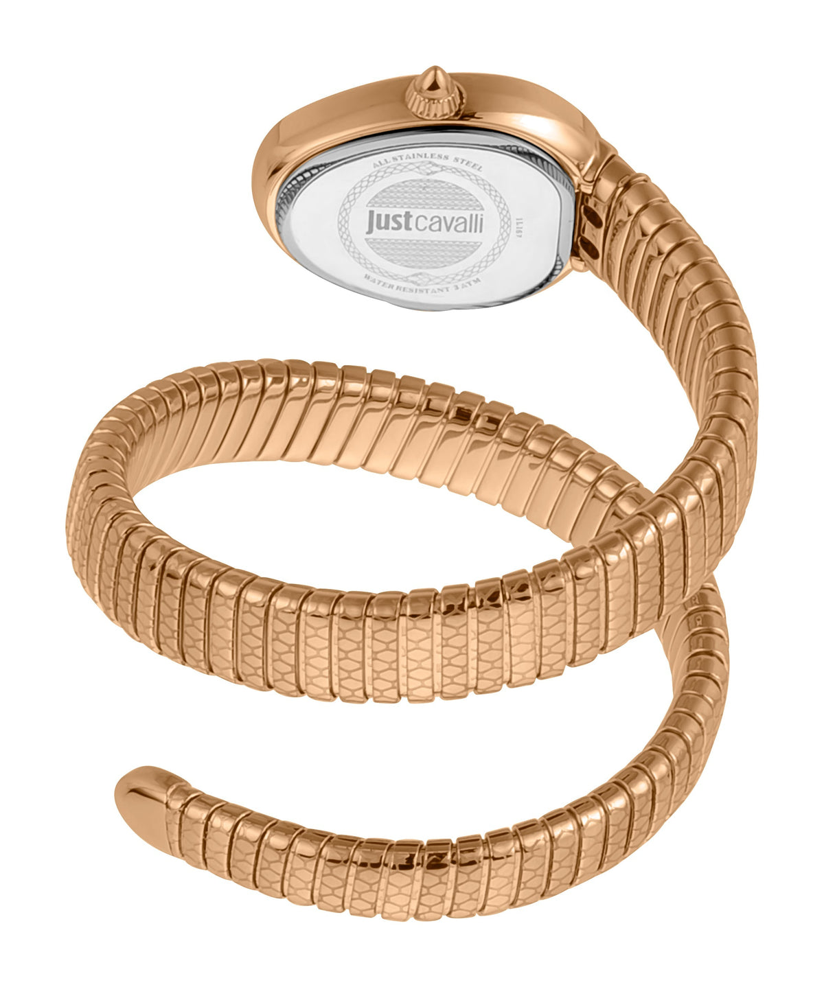 Just Cavalli Galm Snake watch caseback showing engraved logo and rose gold snake-pattern strap wrapped design