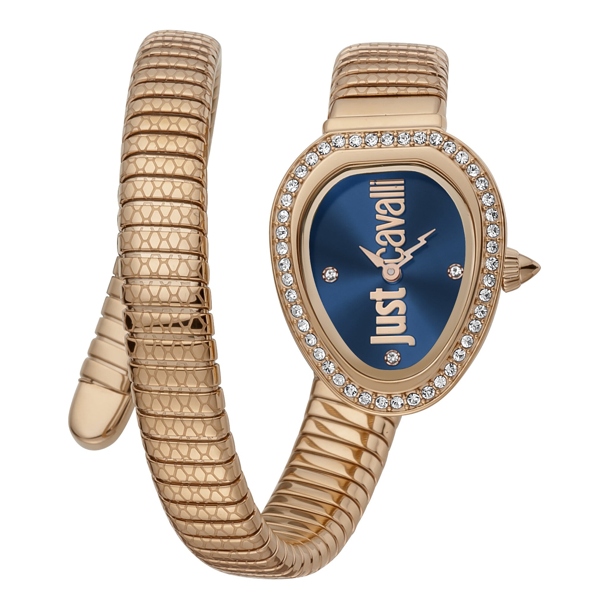 Just Cavalli Galm Snake women's watch with rose gold snake-pattern coil strap and blue dial with crystal bezel