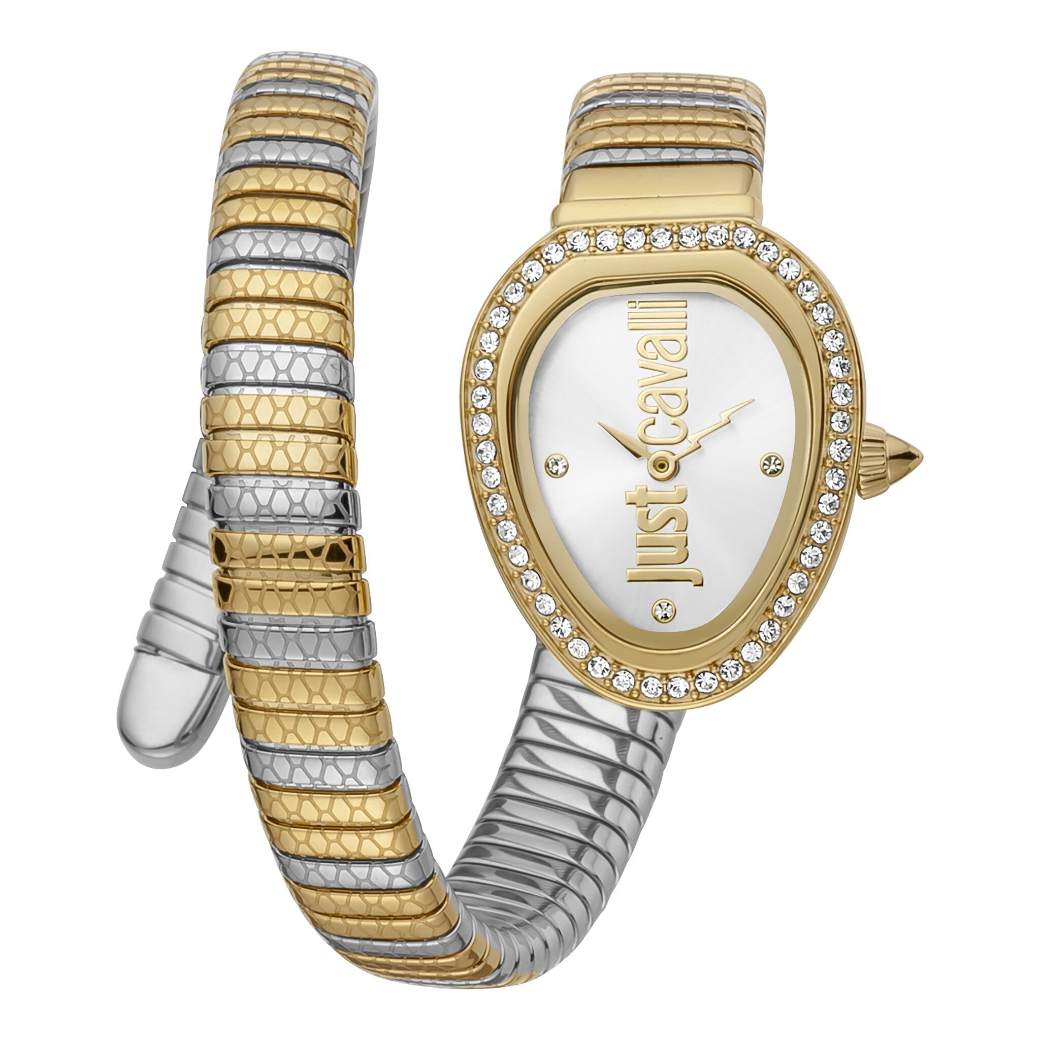 Just Cavalli Snake women's watch with two-tone gold and silver snake-textured strap and crystal-set oval bezel