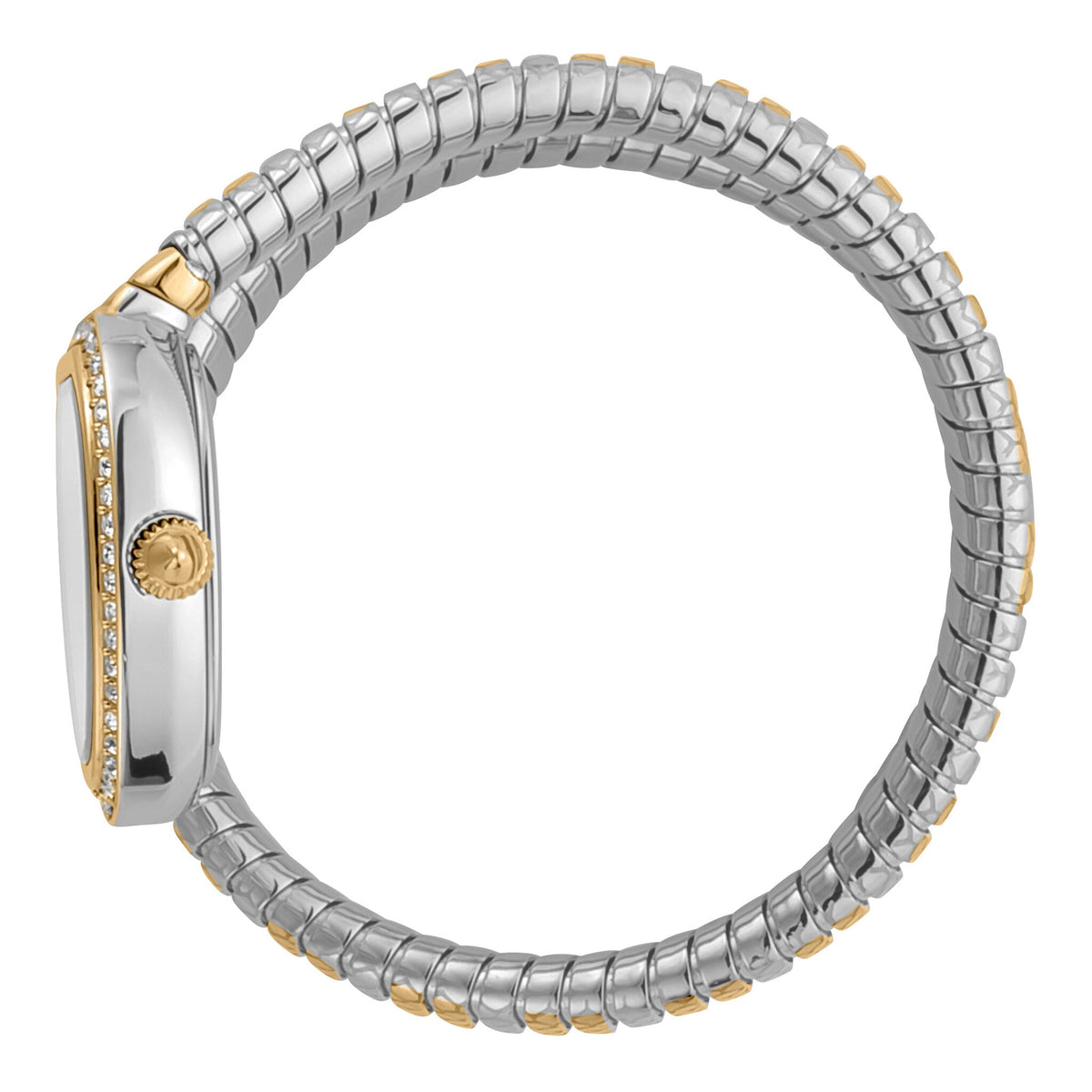 Side view of Just Cavalli Snake watch showing snake-textured two-tone metal strap and case profile