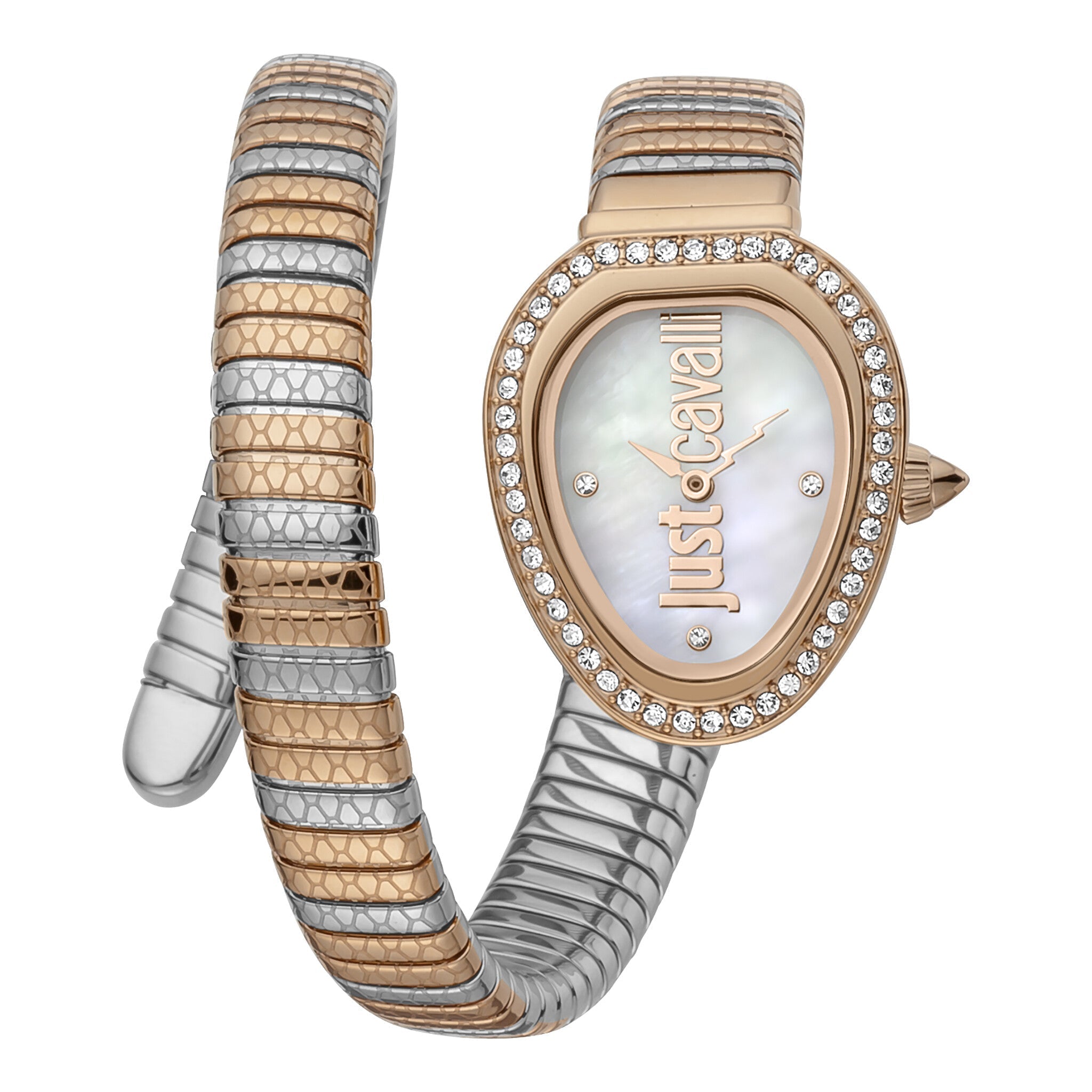 Just Cavalli Snake watch with rose gold bezel, crystal-set case, mother-of-pearl dial, and two-tone snake-link bracelet