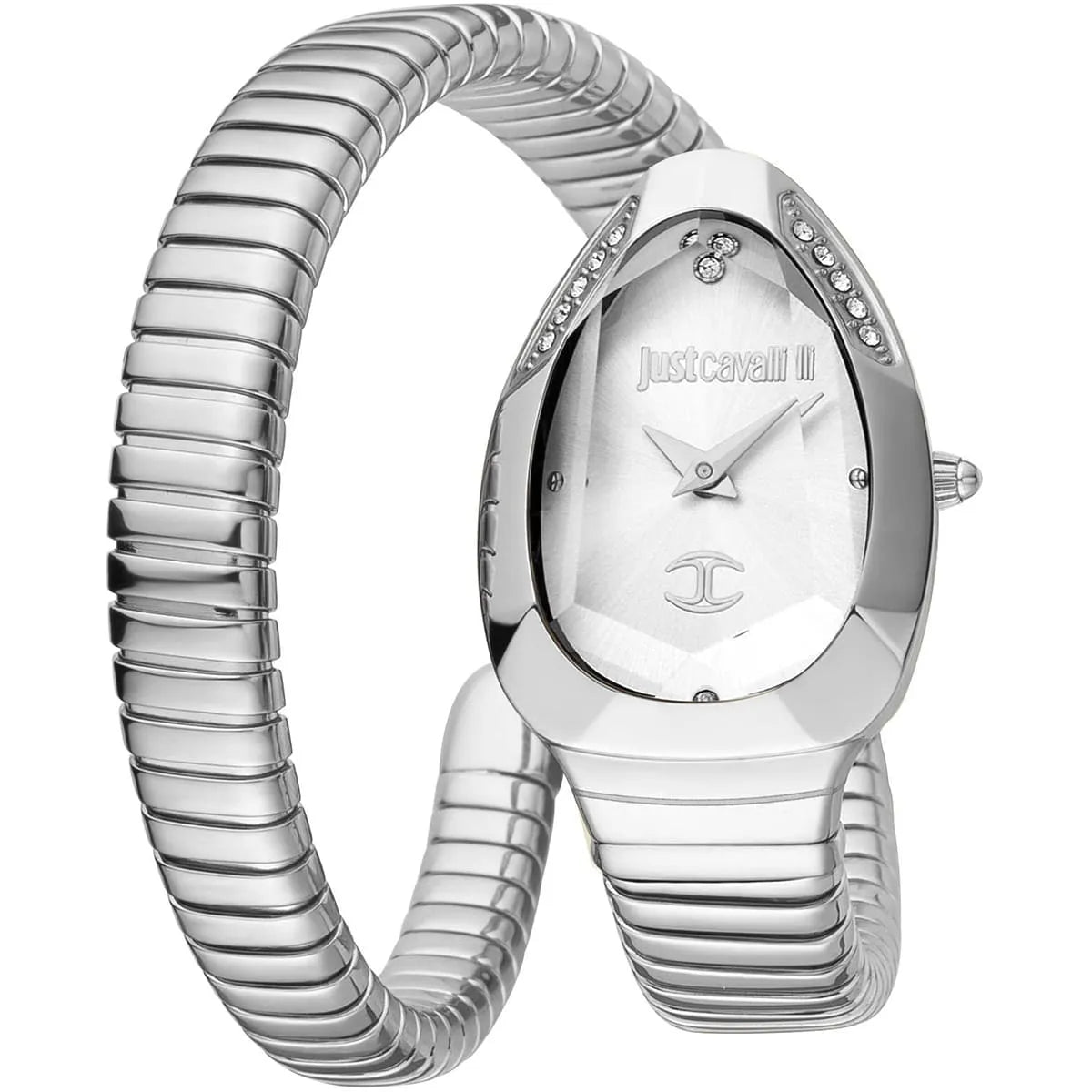 Just Cavalli Serpente Metallica silver dial women's watch with double-wrap silver stainless steel snake strap