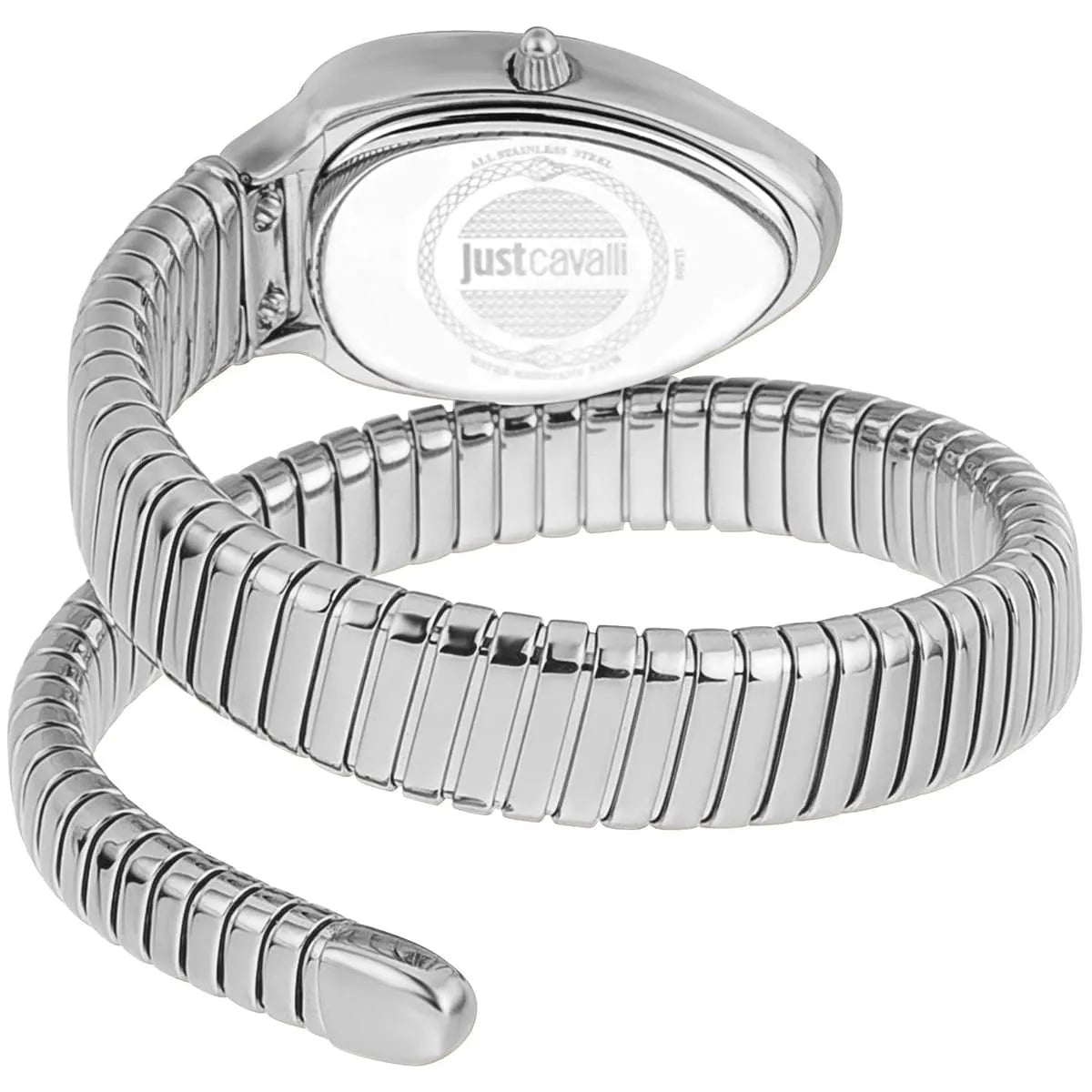 Double-wrap silver snake-textured bracelet strap with segmented metal links on Just Cavalli Serpente watch