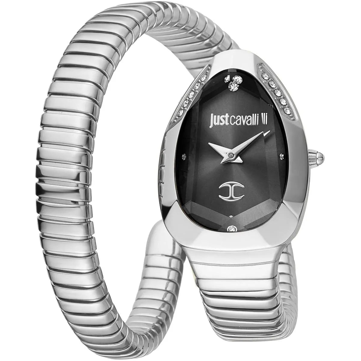 Just Cavalli Serpente Metallica women's watch with black dial, silver stainless steel snake-shaped double-wrap bracelet