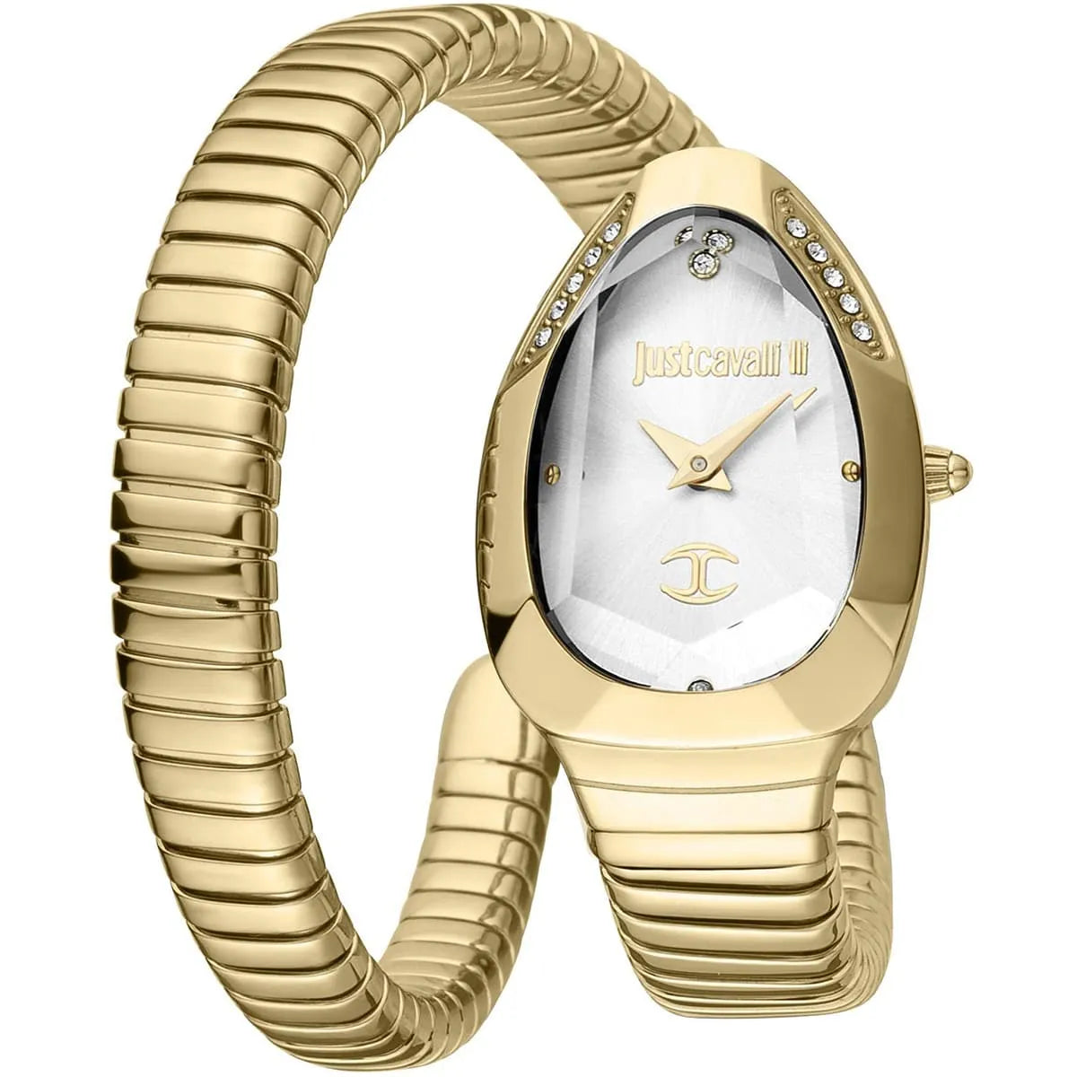 Just Cavalli women's analog watch with white dial, gold snake-wrap bracelet and crystal accents