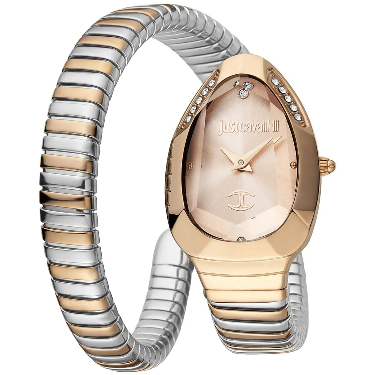 Just Cavalli Serpente Metallica rose gold dial women's watch with two-tone steel snake bracelet and crystal accents