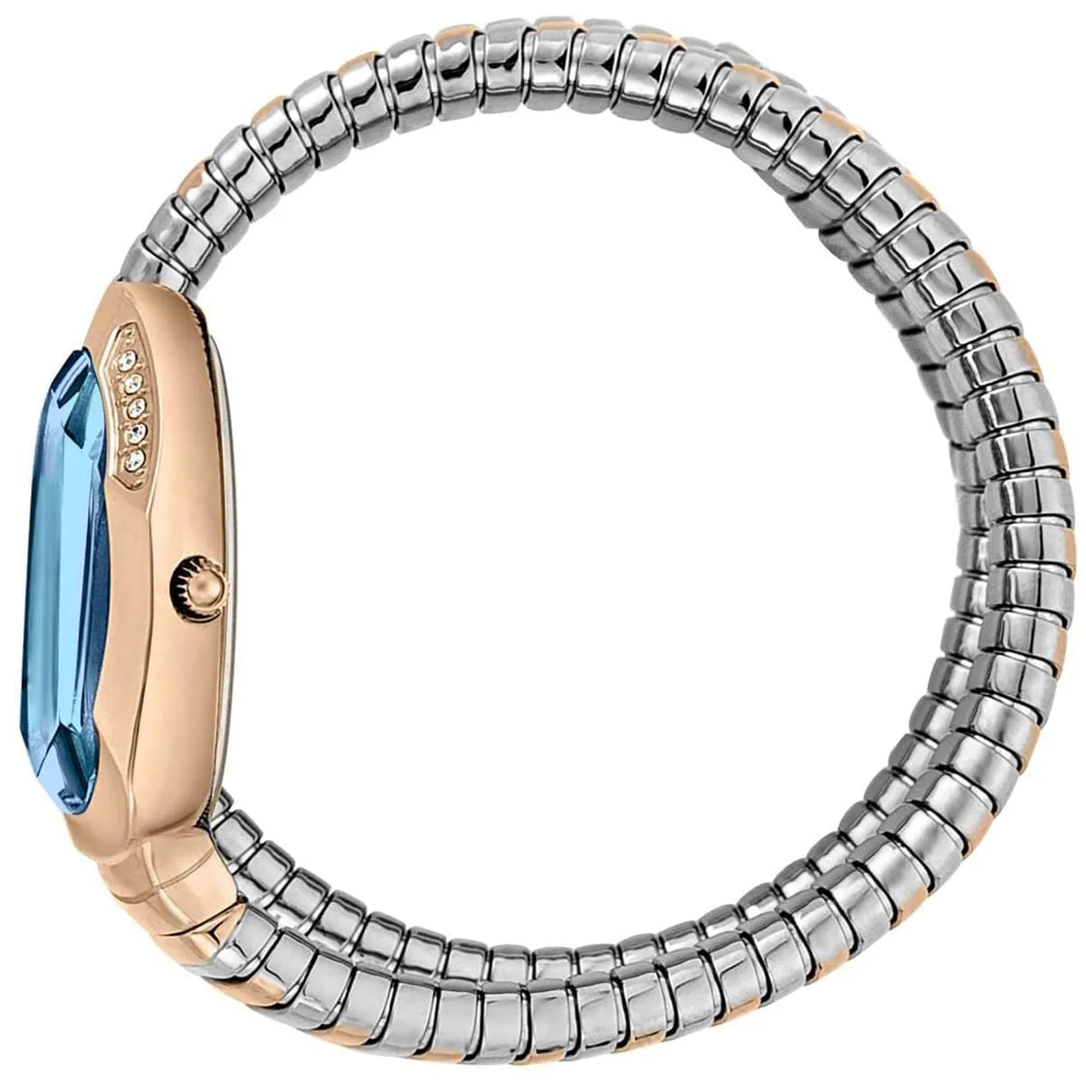 Just Cavalli JC1L208M0085 side view showing blue dial, rose gold case, and stainless steel snake-patterned bracelet