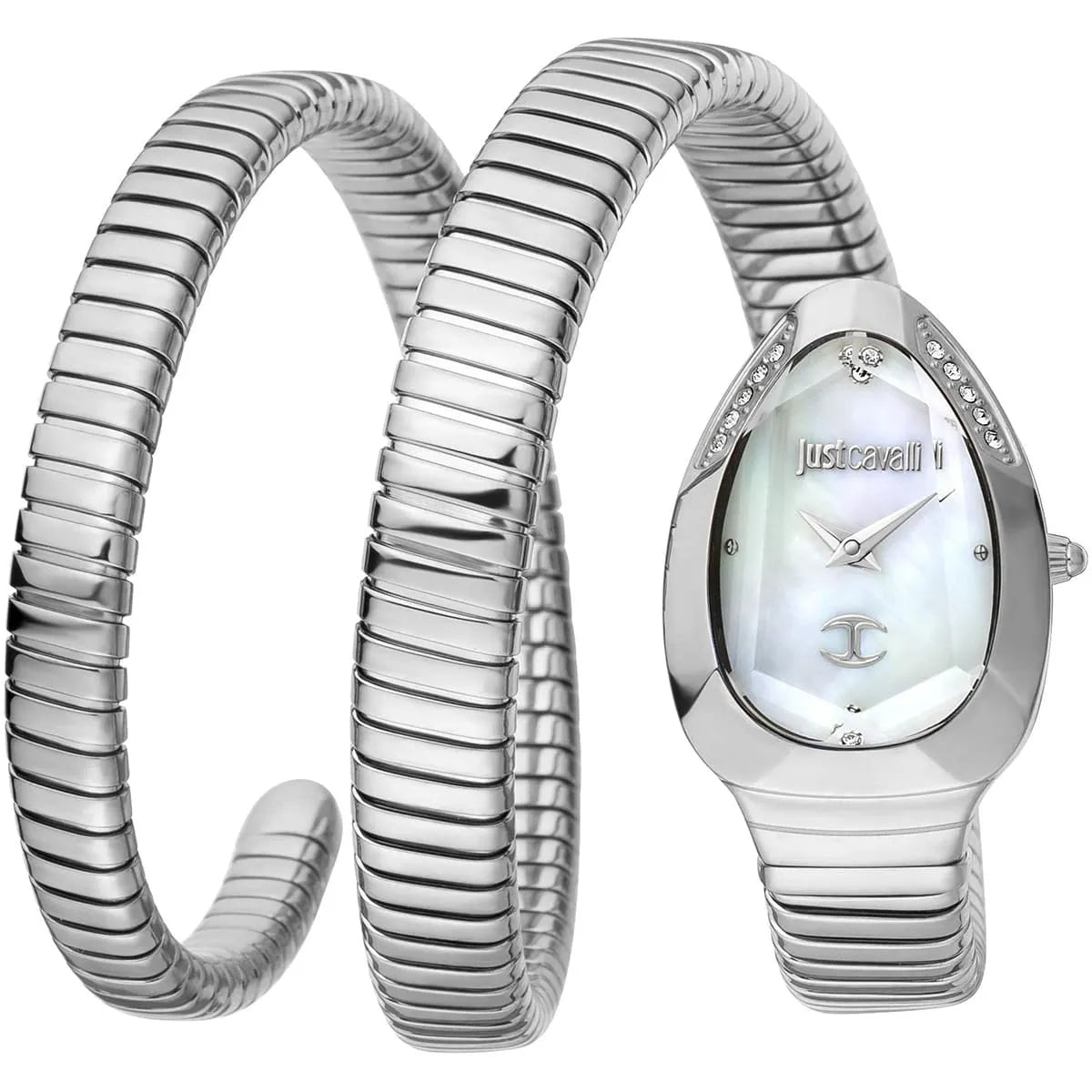 Just Cavalli Serpente silver women's watch with white mother-of-pearl dial and triple-wrap snake strap
