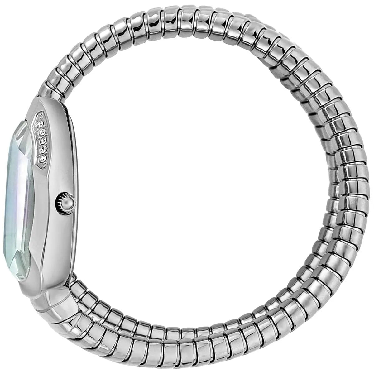 Just Cavalli Serpente silver watch worn on wrist showing full snake strap wrap