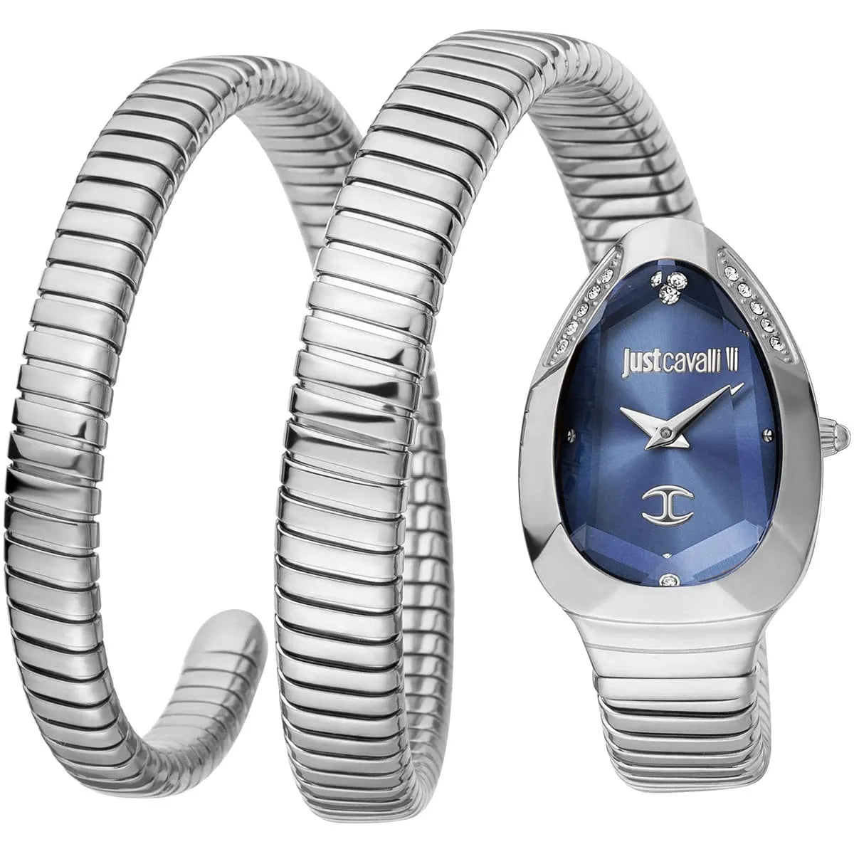 Just Cavalli women's watch with blue dial, silver stainless steel triple-wrap snake band, and crystal embellishments