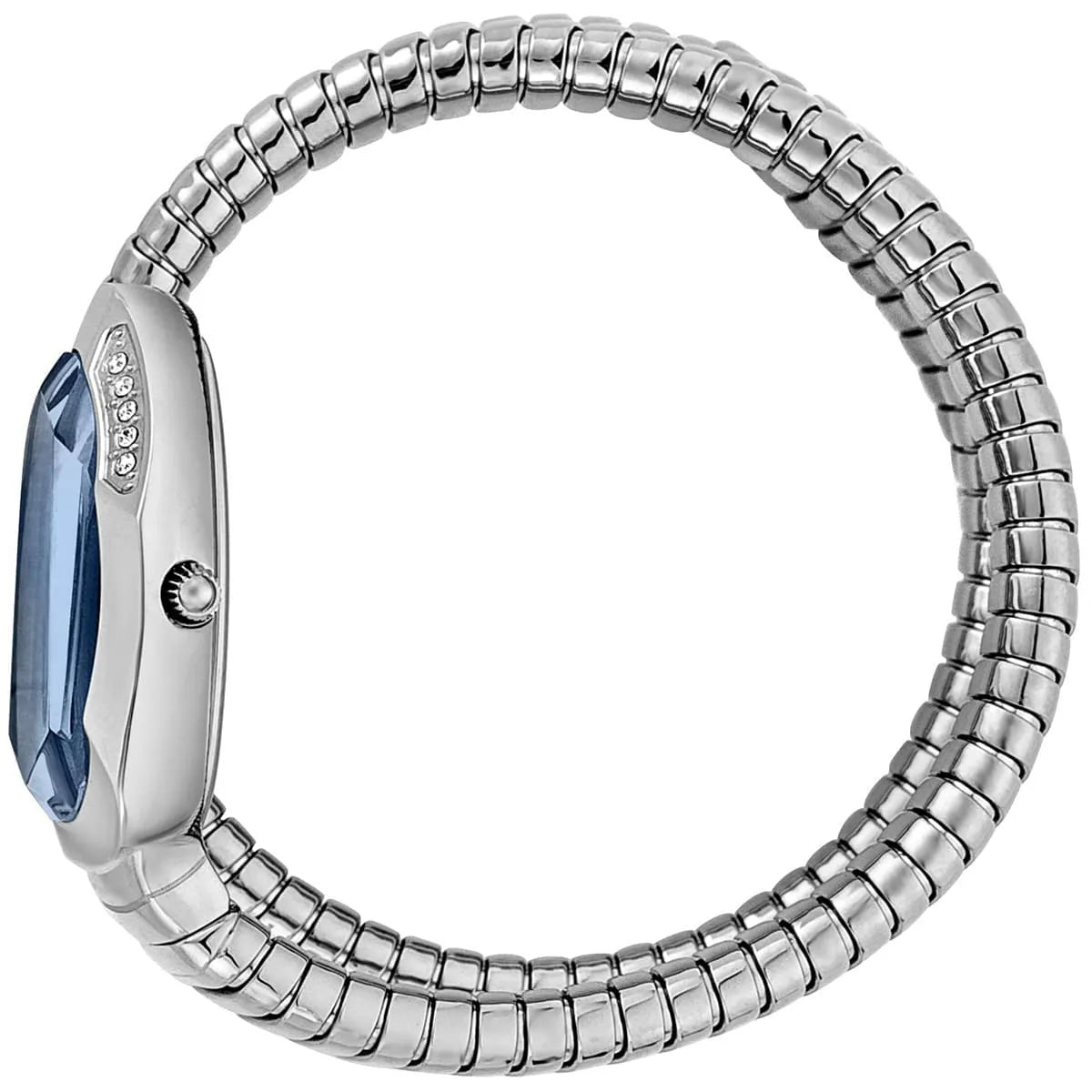 Just Cavalli women's watch side view showing blue dial and segmented stainless steel wrap-around band
