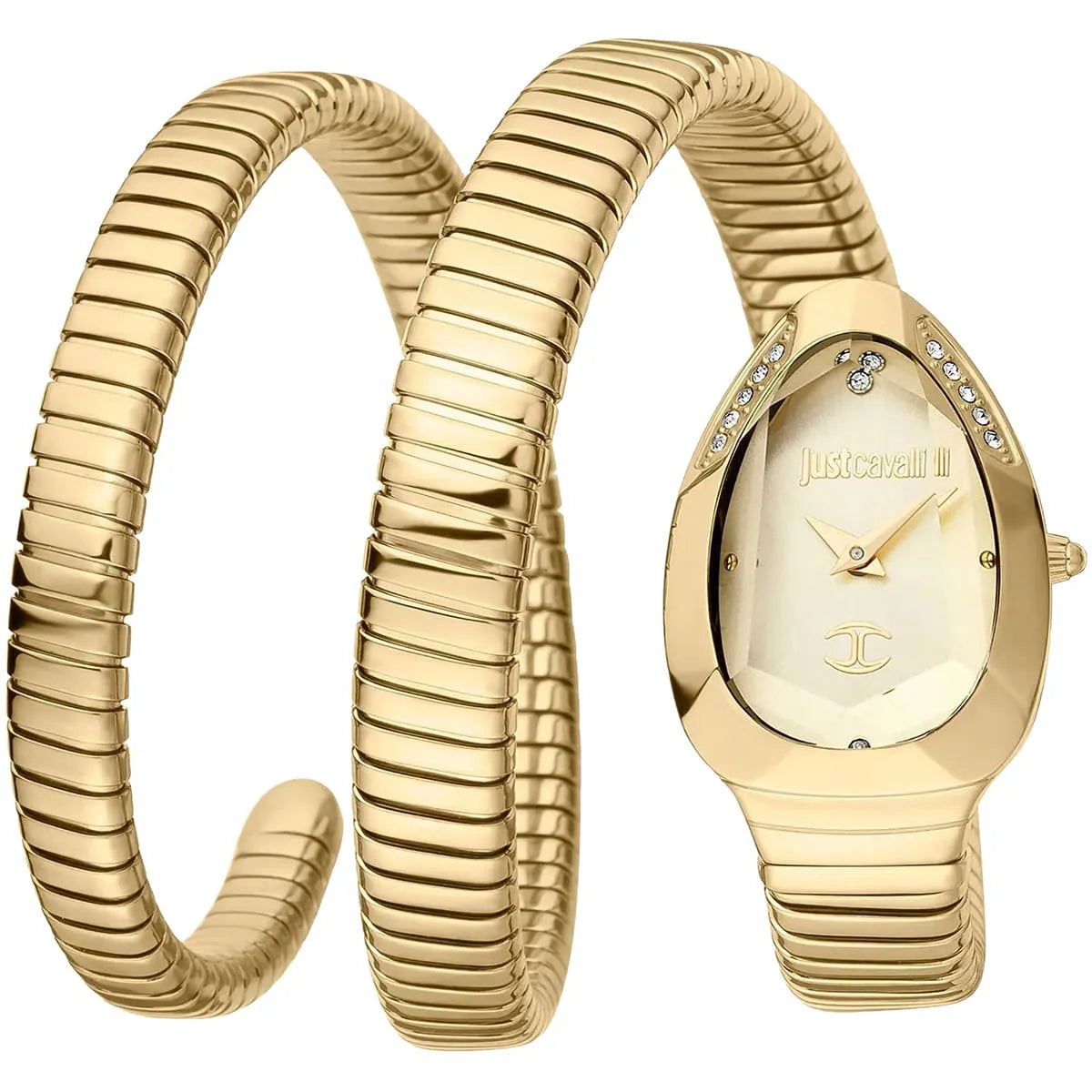 Just Cavalli Signature Snake gold watch with triple-wrap snake strap and crystal accents