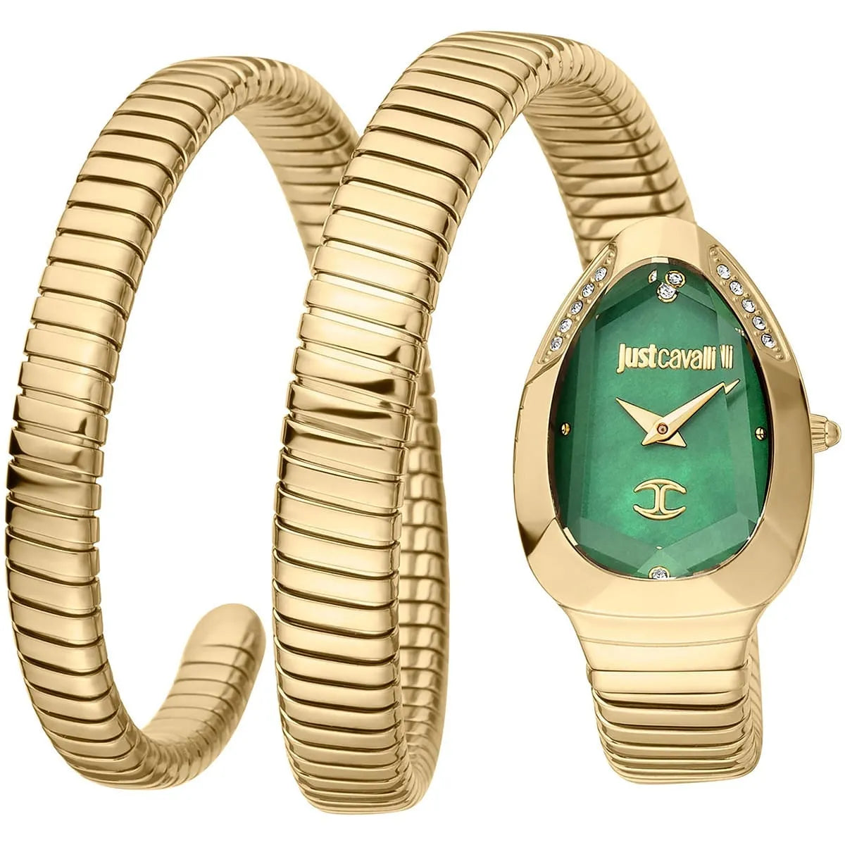 Just Cavalli Serpente watch with green dial and gold snake-shaped triple-wrap bracelet
