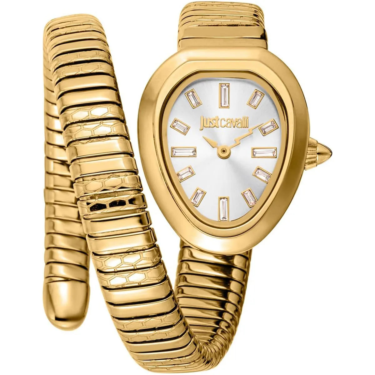 Just Cavalli Aversa women's watch with silver dial and gold snake-wrap stainless steel bracelet