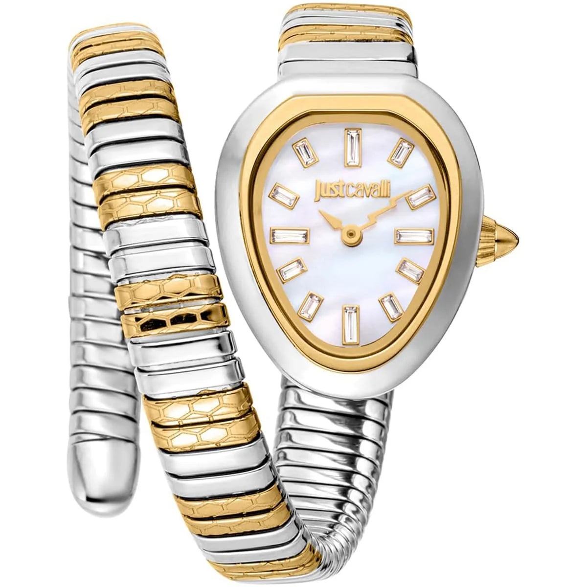 Just Cavalli Aversa women watch with mother of pearl dial and two-tone silver gold snake strap