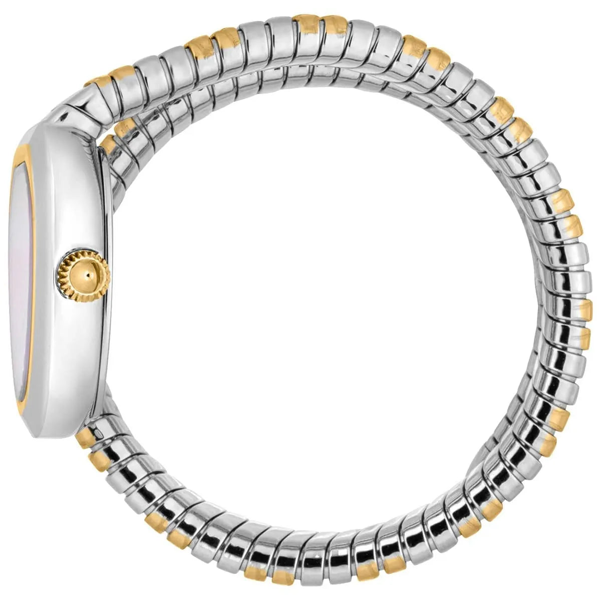 Just Cavalli Aversa watch side profile showing oval case and two-tone snake-link bracelet
