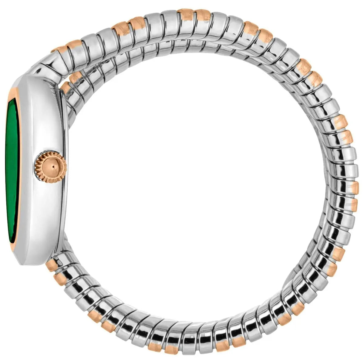 Side view of Just Cavalli Aversa watch with two-tone segmented snake bracelet and rose gold crown