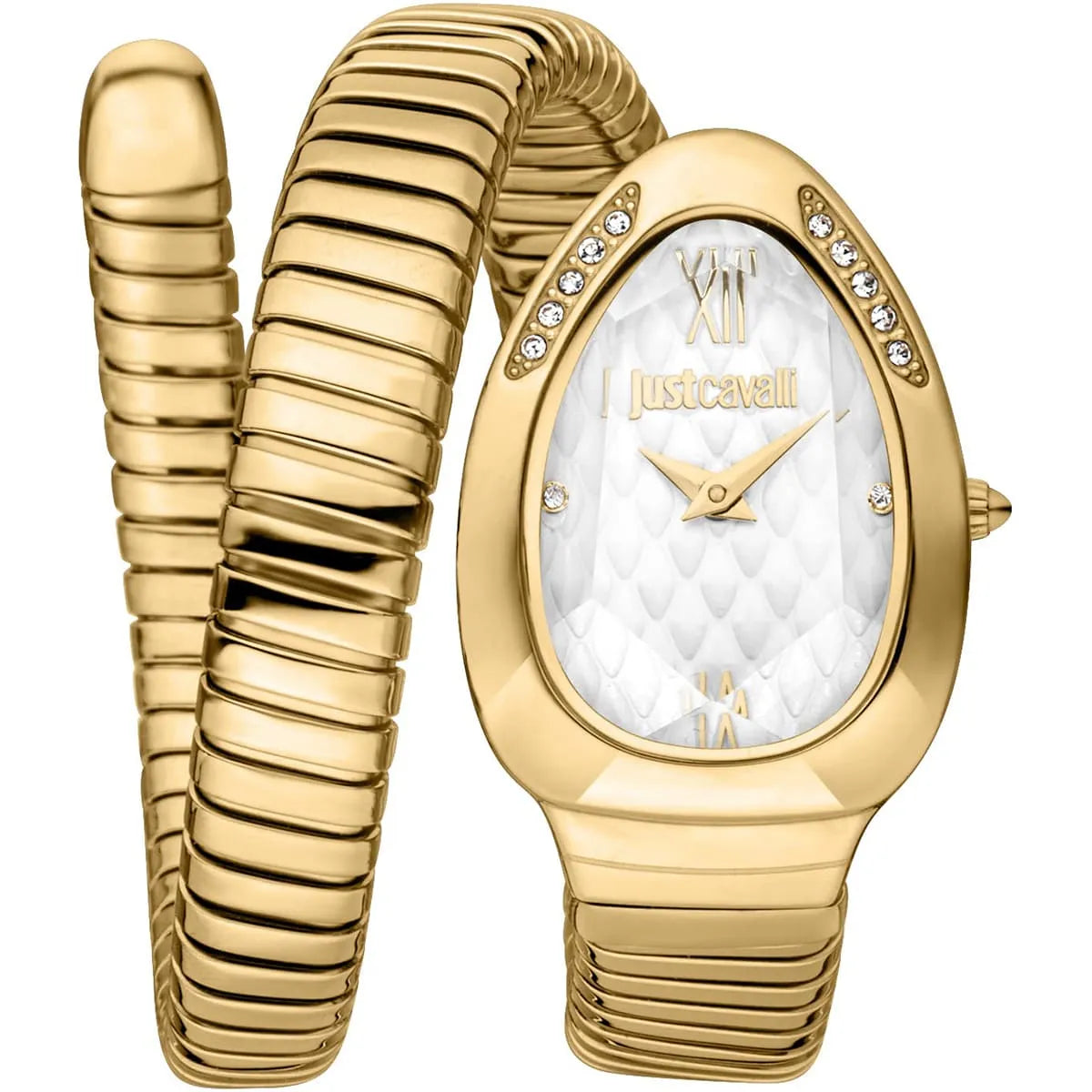 Just Cavalli Snake Taglio Solo gold women's watch with white quilted dial, crystal bezel, and gold snake-design bracelet