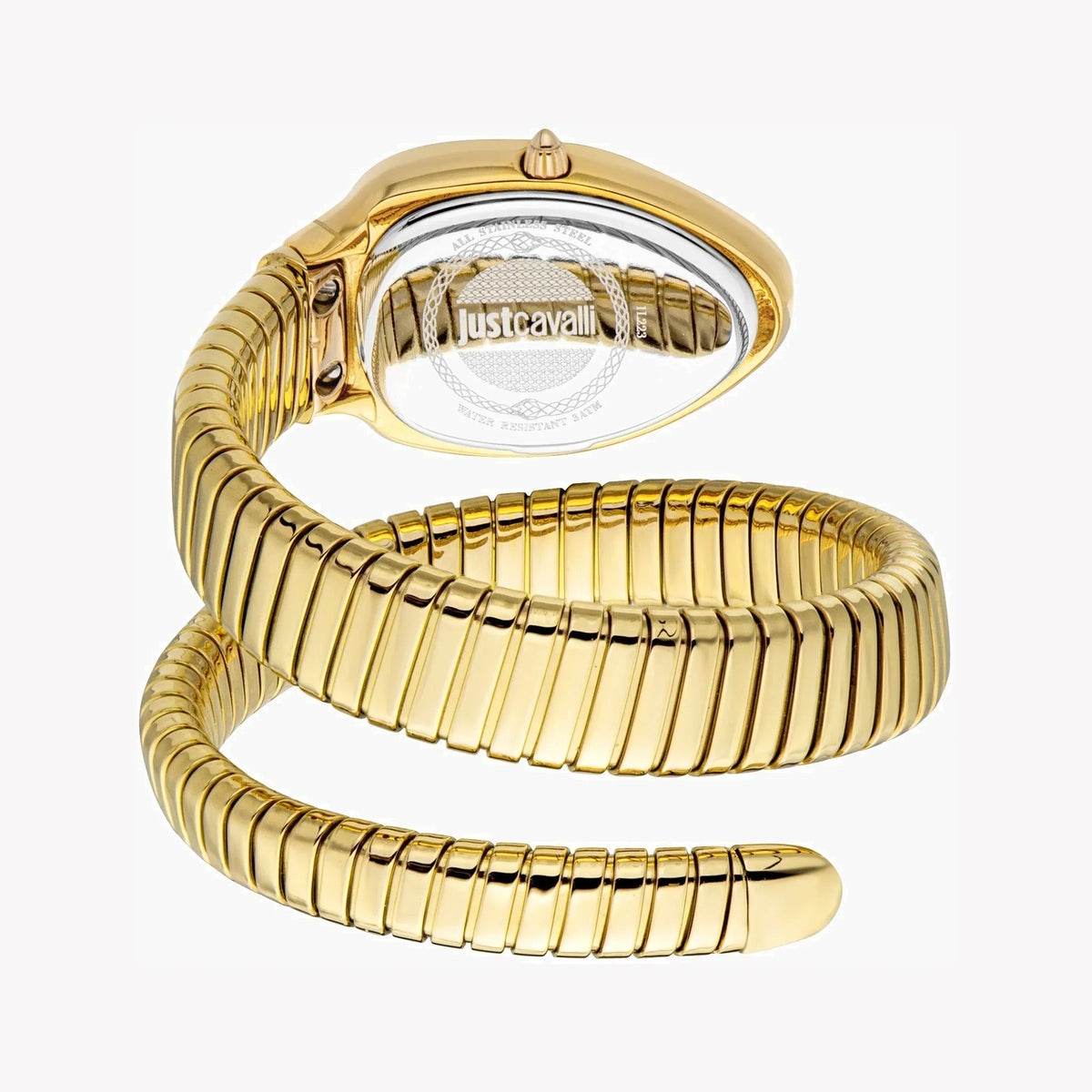 Just Cavalli Taglio Solo watch caseback and flexible wrapped snake bracelet detail