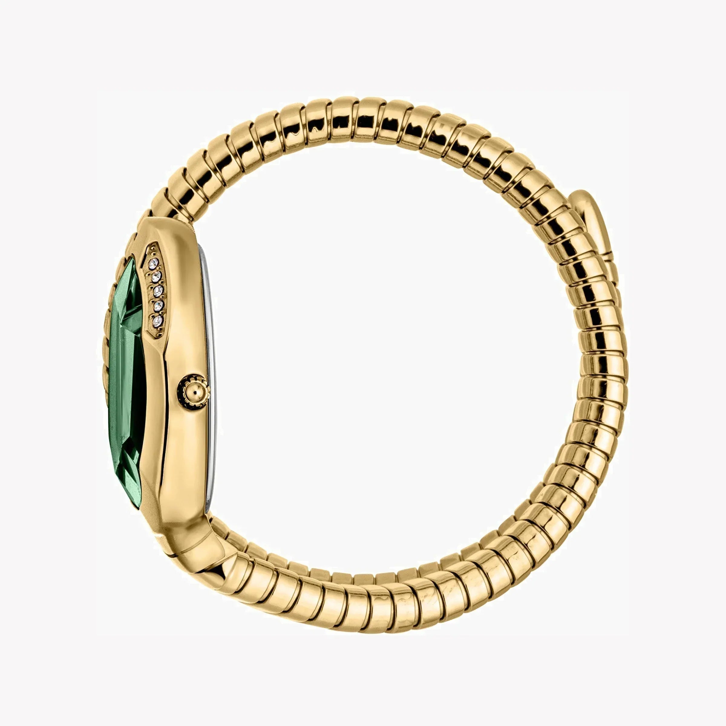 Side view of Just Cavalli Taglio Solo watch showing flexible snake bracelet and case profile