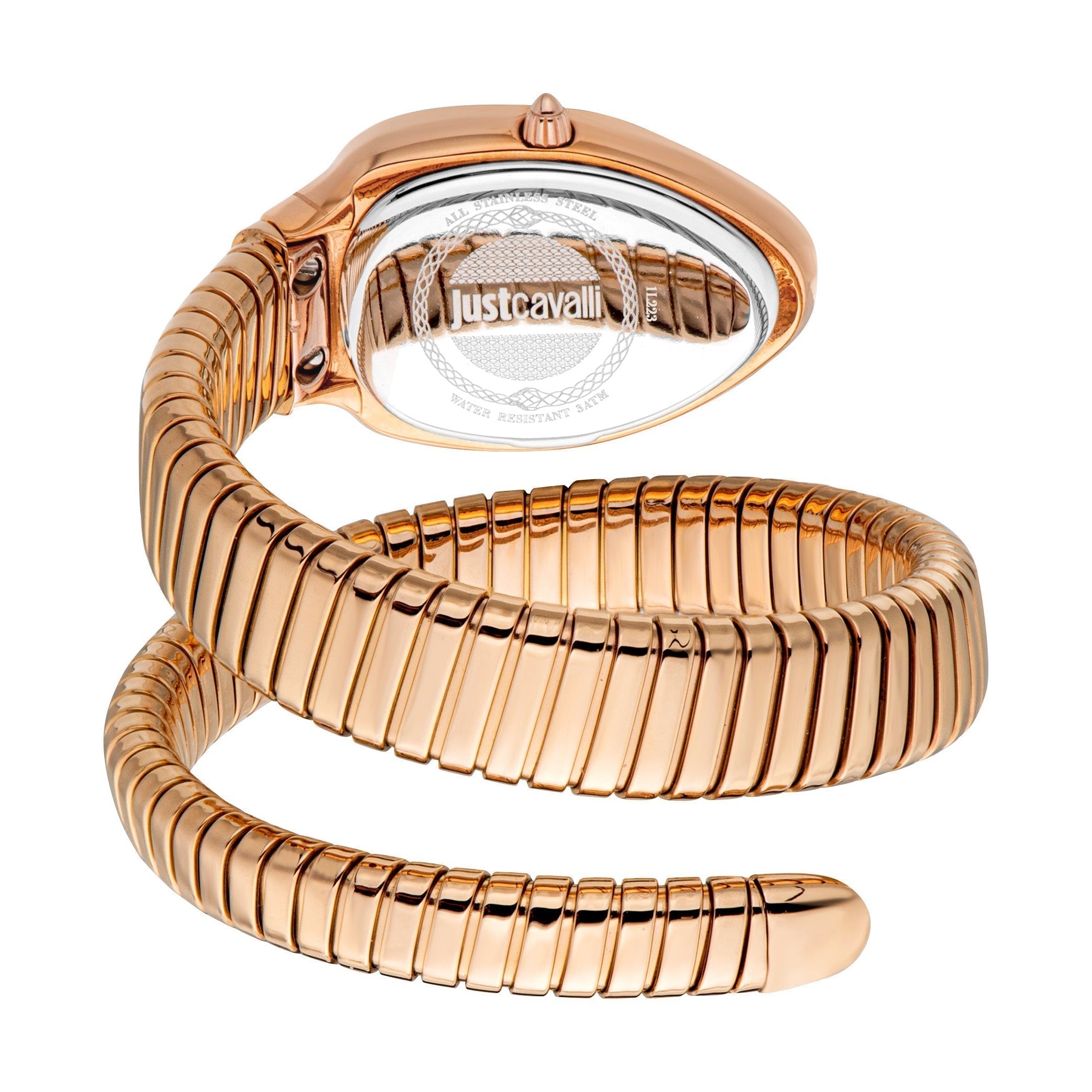 Just Cavalli Taglio Solo snake-coil wrapped watch showing oval case and bracelet detail