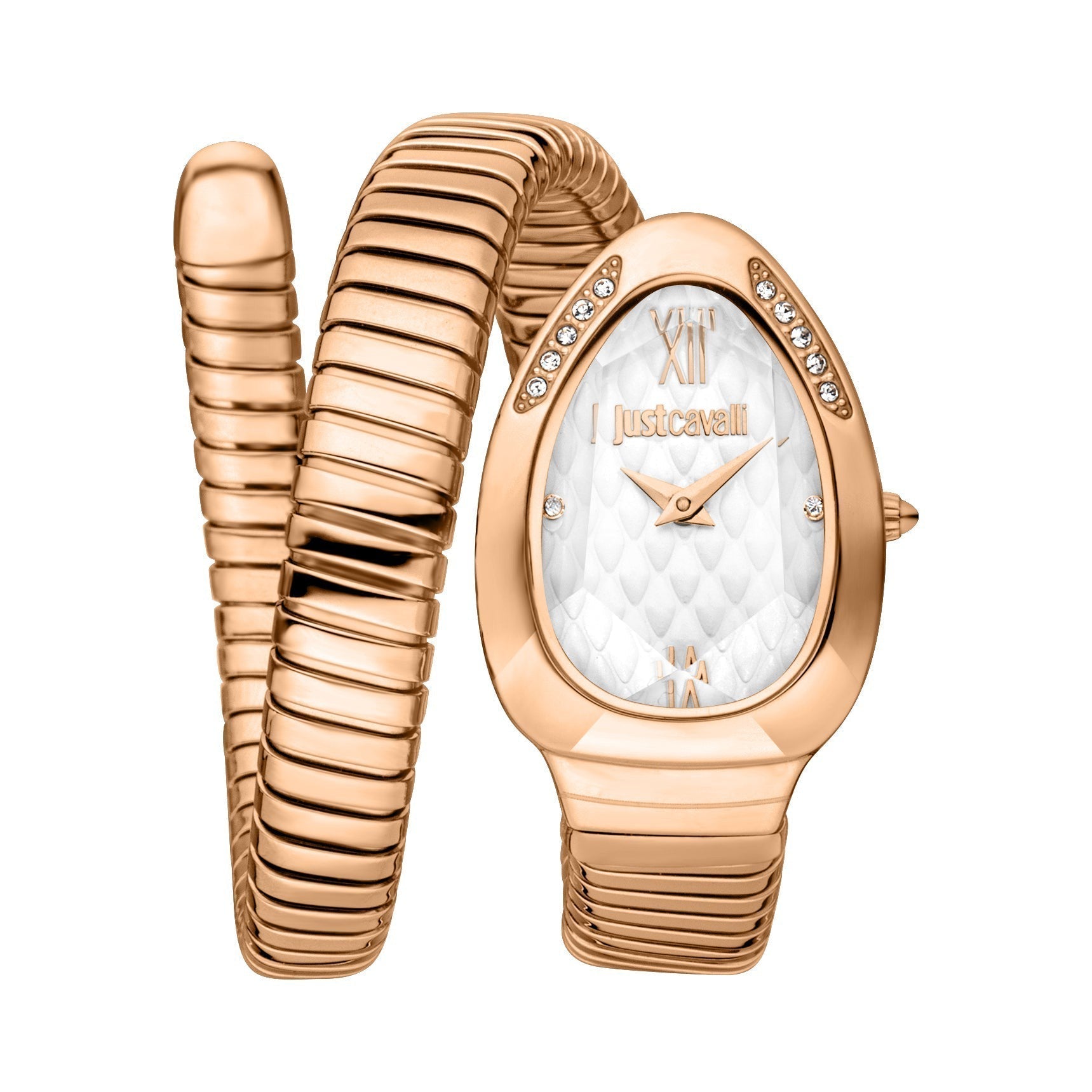 Just Cavalli Taglio Solo rose gold women's watch with coiled bracelet and white quilted dial