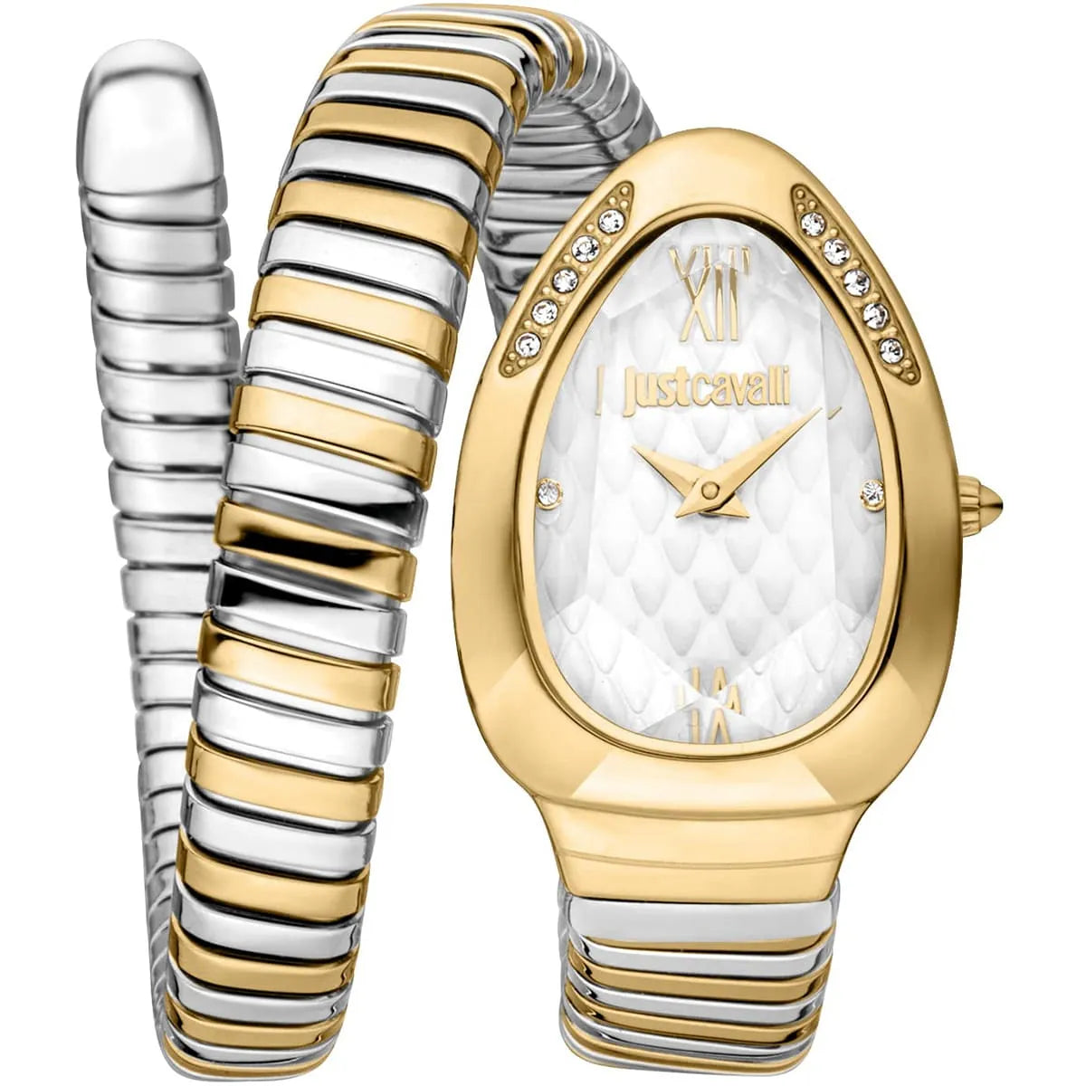 Just Cavalli Taglio Solo women's watch with white quilted dial, gold case, and two-tone snake-pattern double-wrap bracelet