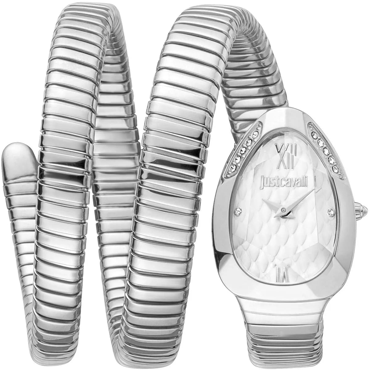Just Cavalli JC1L224M0015 women's watch with silver dial and triple-wrap snake stainless steel bracelet