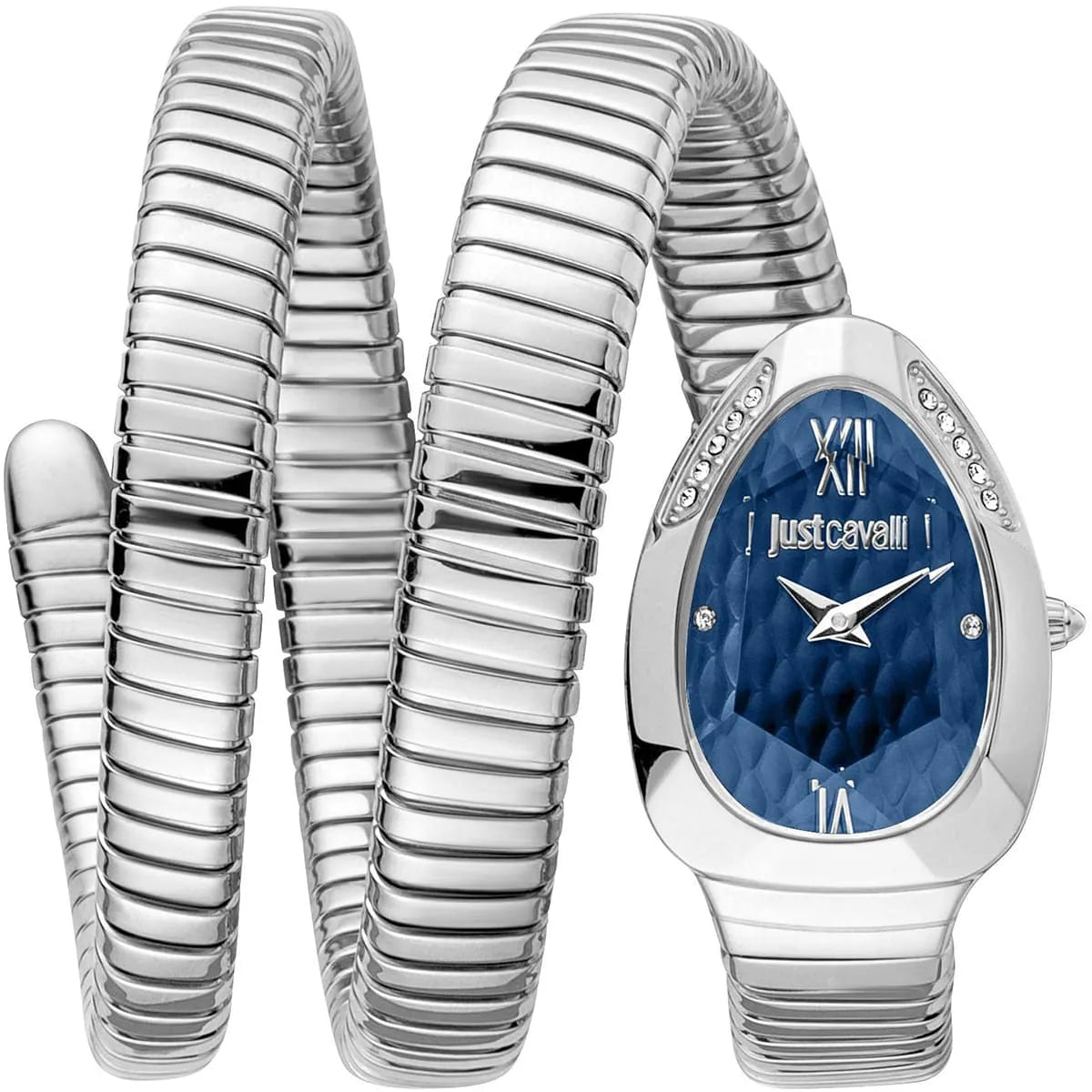 Just Cavalli Serpente Metallica women's watch with blue dial, silver stainless steel snake strap wraparound design