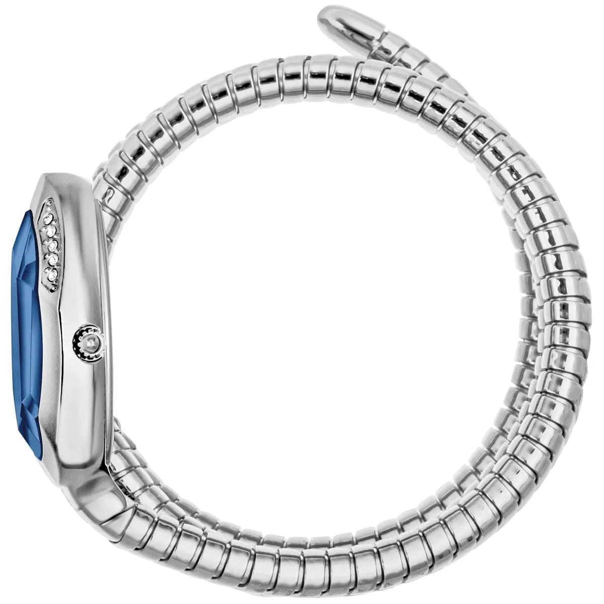 Side view of Just Cavalli Serpente Metallica watch with silver snake-textured strap wrapped around wrist