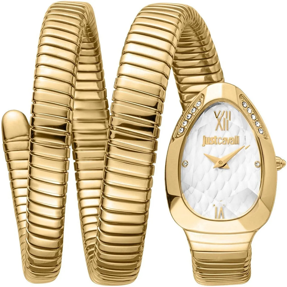 Just Cavalli Snake gold watch with silver dial and triple-wrap gold snake strap