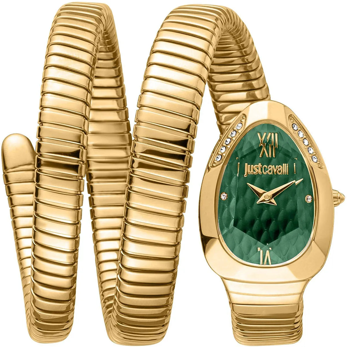 Just Cavalli Serpente women's watch with green malachite dial and triple-wrap gold snake strap