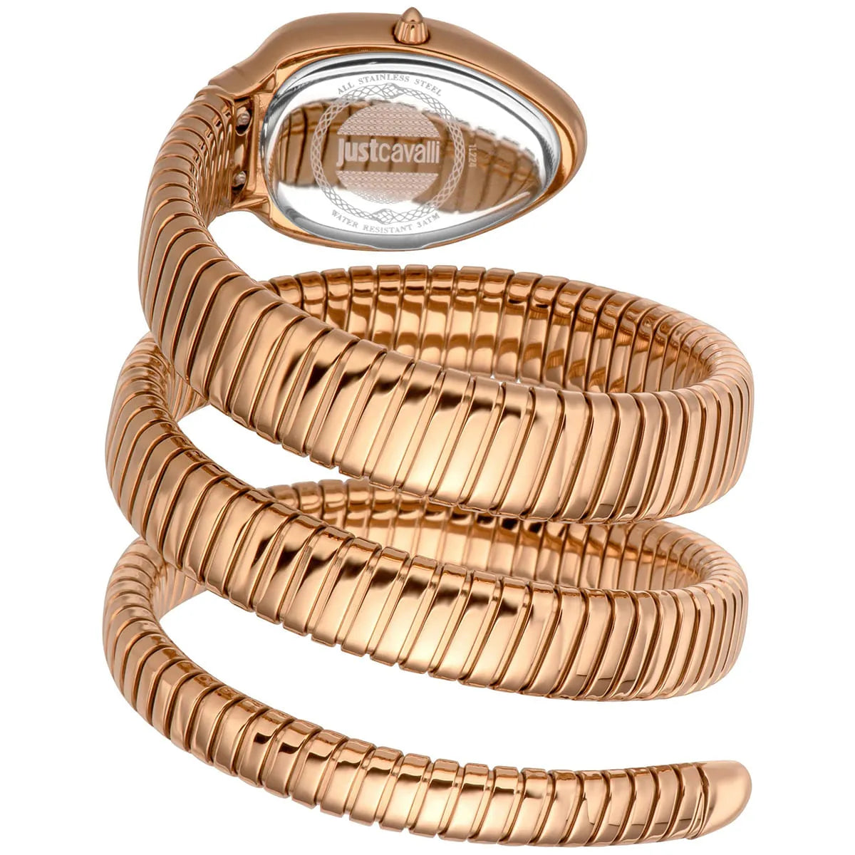 Just Cavalli watch with signature triple-wrap snake strap and caseback visible