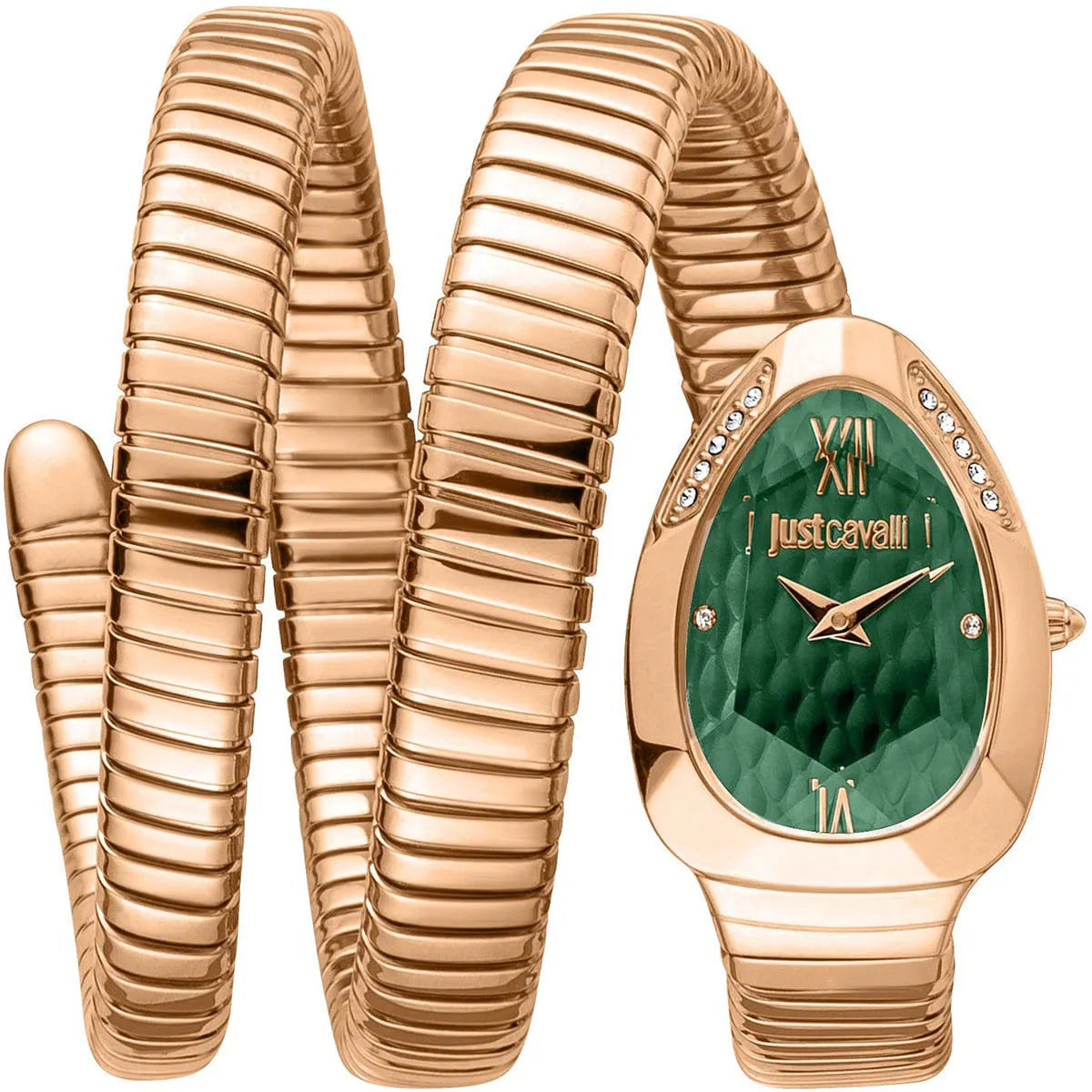 Just Cavalli Glam Evo 9 women's watch with green dial, rose gold case, and triple-wrap snake strap