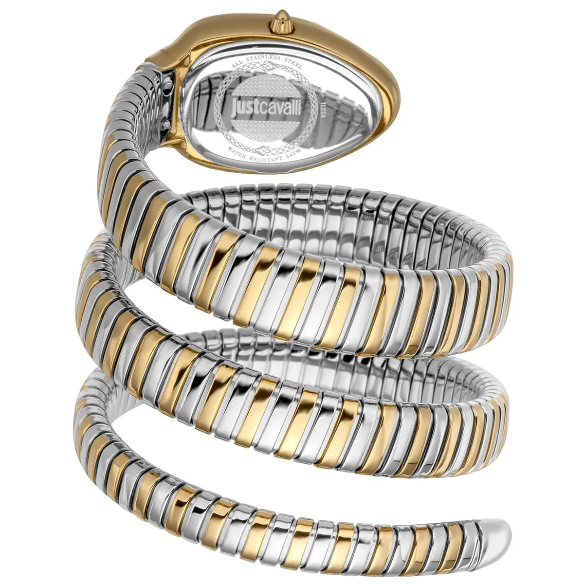 Just Cavalli Glam Evo 9 snake wrap strap with white dial watch at angled view