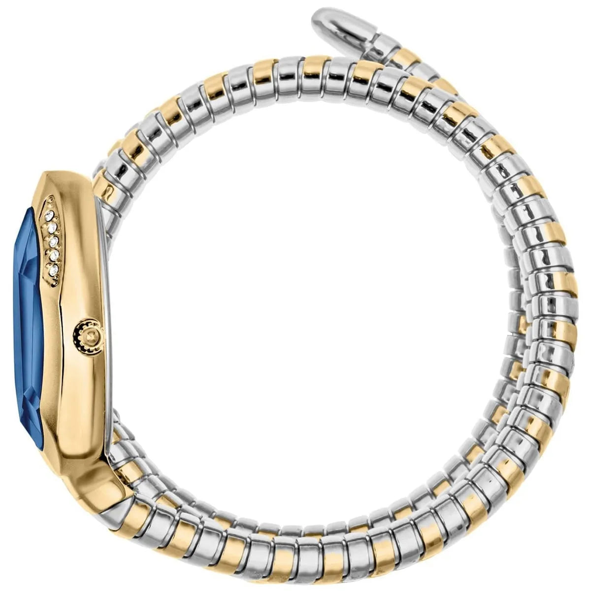 Just Cavalli Glam Evo 9 worn view showing blue dial and snake strap on wrist