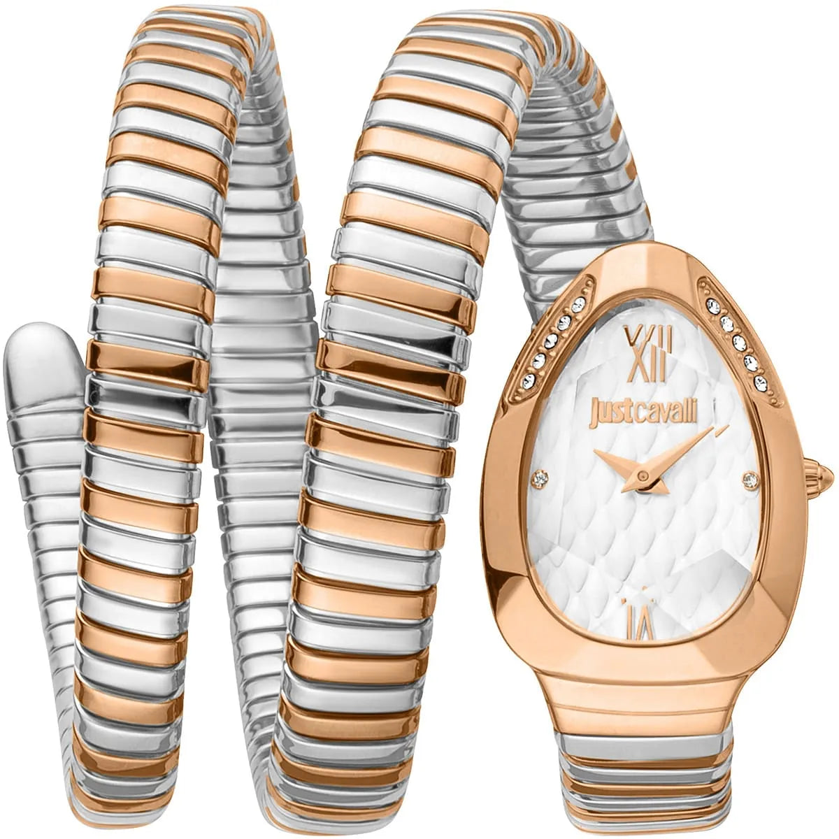 Just Cavalli Glam Evo 9 women's watch with white dial, rose gold case, and two-tone snake strap