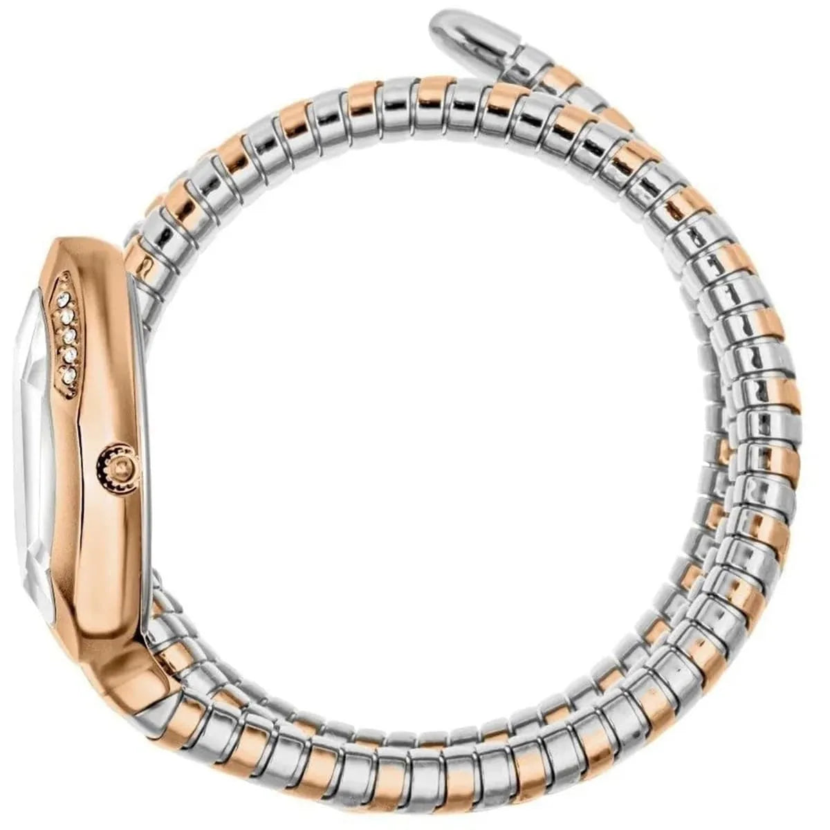 Just Cavalli Glam Evo 9 women's watch on wrist showing snake strap and side detail