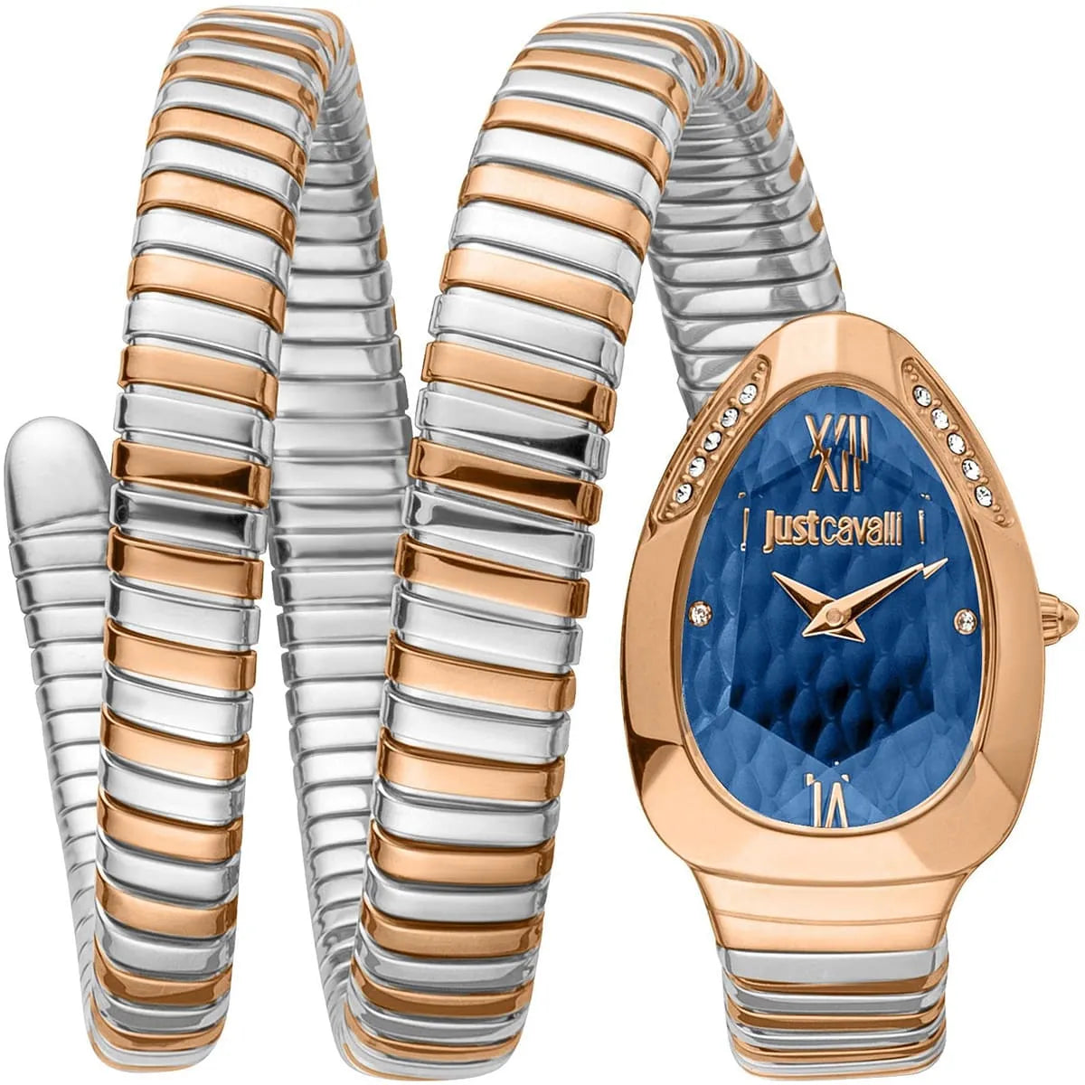 Just Cavalli JC1L224M0095 women's watch with blue dial, two-tone rose gold and silver stainless steel snake strap