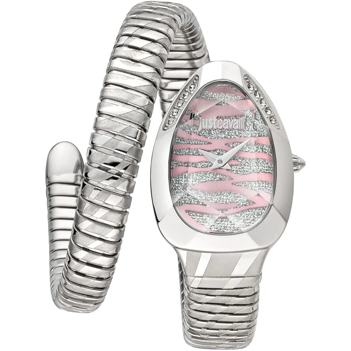Just Cavalli Glam Evo silver women's watch with pink glitter dial and snake-pattern double-wrap bracelet
