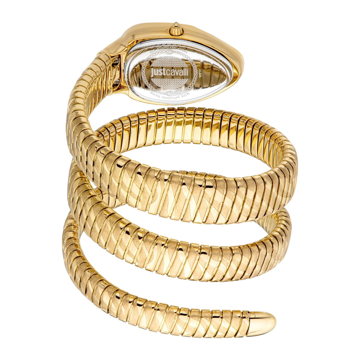 Just Cavalli Taglio watch angled view showing case, caseback, and coiled gold serpentine strap