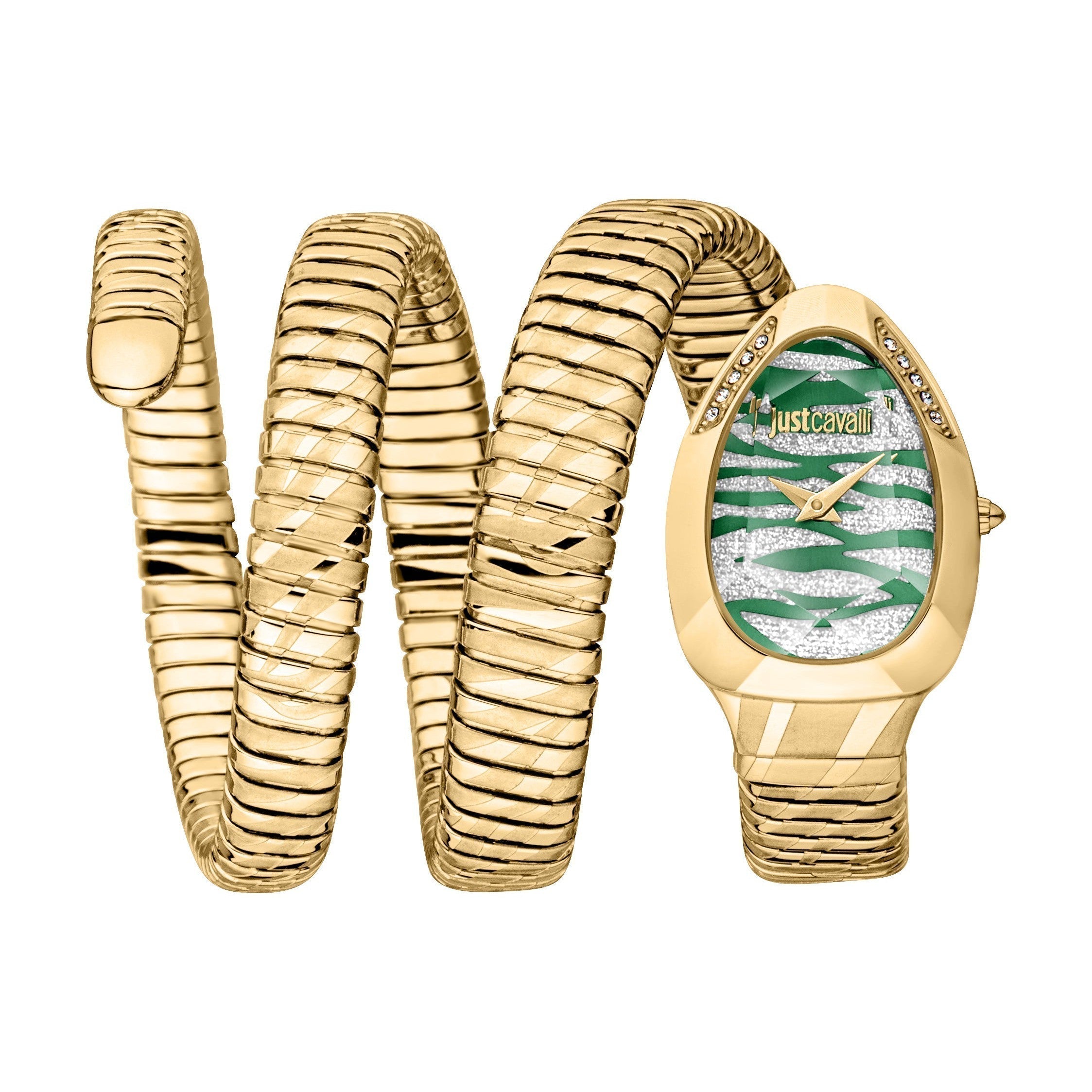 Just Cavalli Taglio women's watch with green striped dial, gold steel serpentine strap